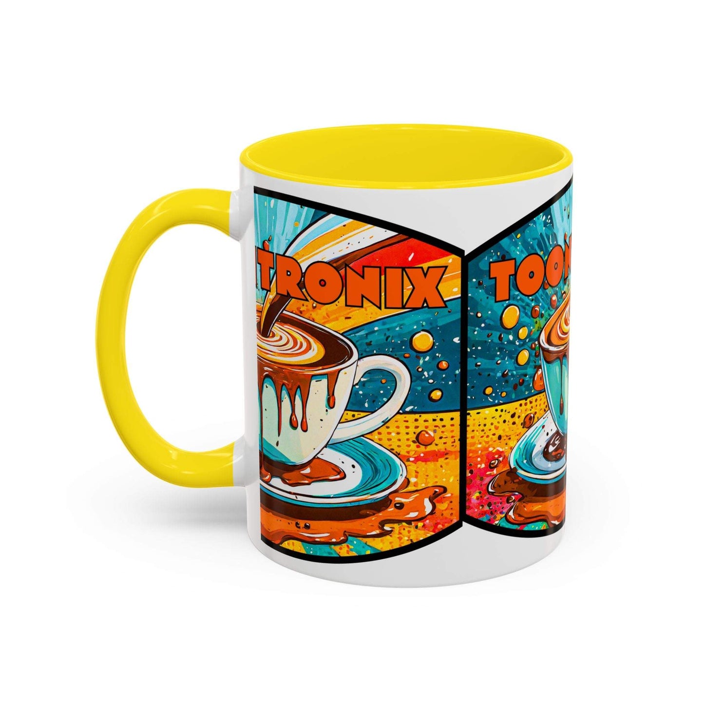 Vibrant ceramic coffee mug with colorful retro art design featuring bold contrast and yellow interior and handle.