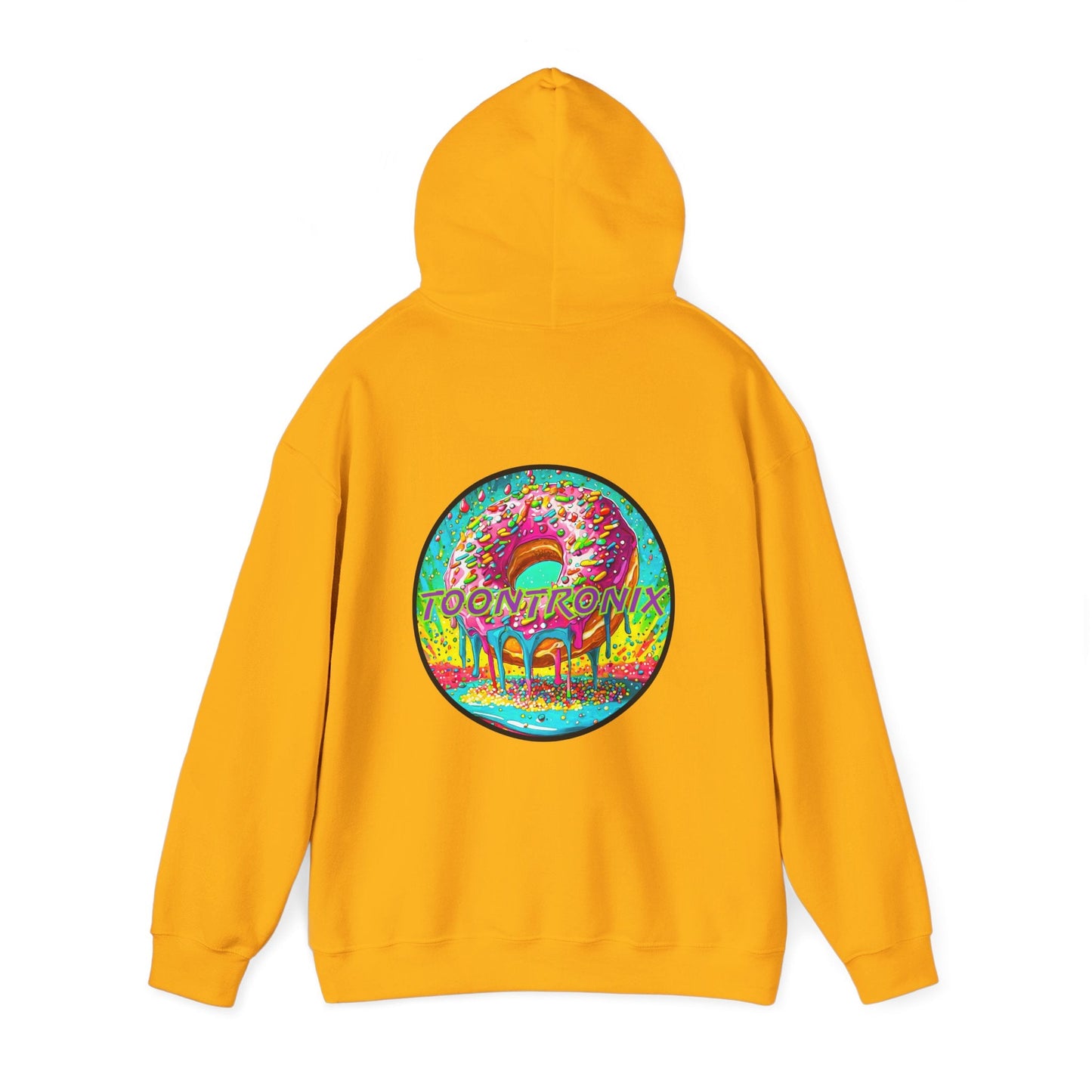 Toontronix Donut Hoodie in vibrant yellow, featuring bold donut design on the back. Unisex Heavy Blend™ sweatshirt with kangaroo pocket and adjustable hood.