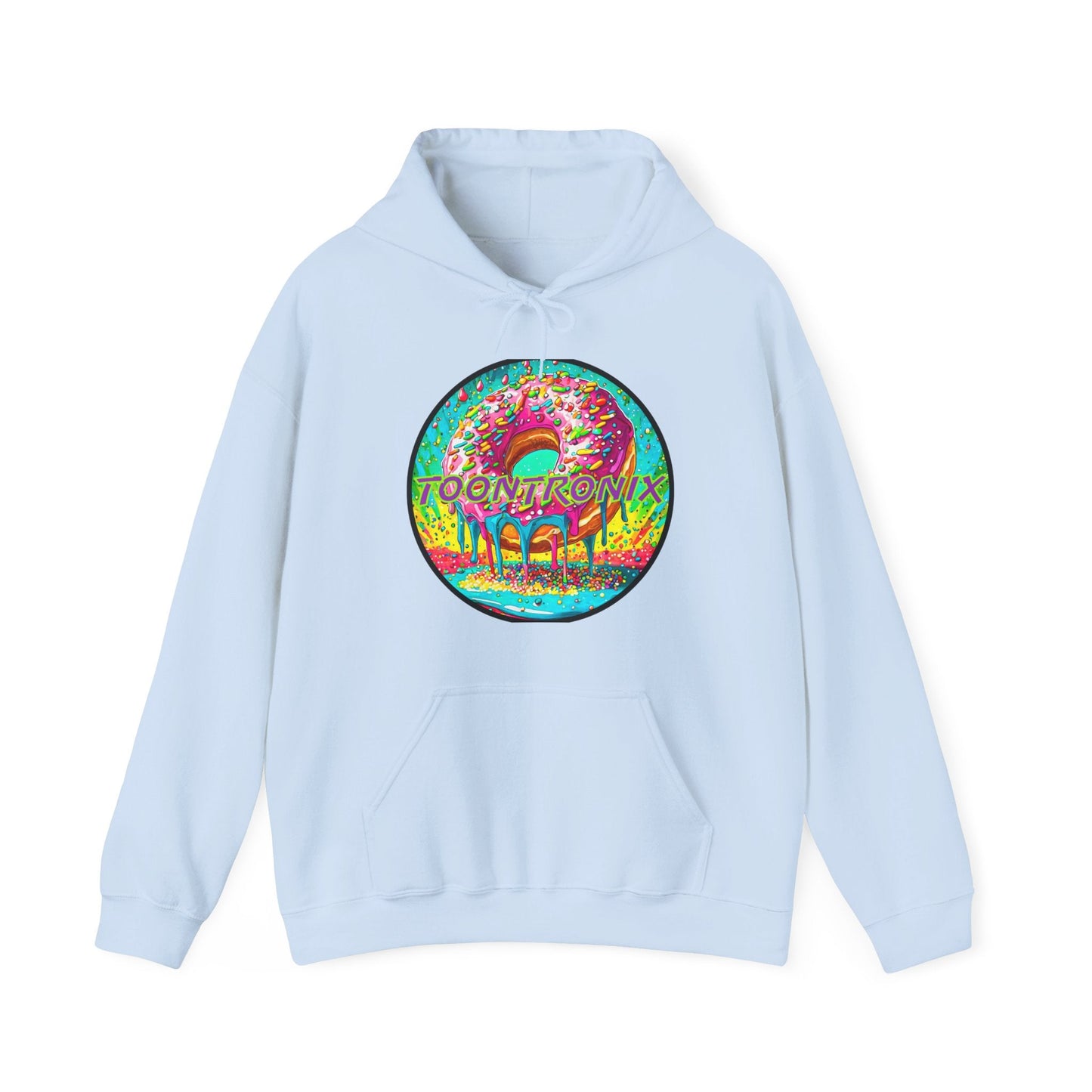 Unisex Toontronix Donut Hoodie with colorful logo on light blue fabric.