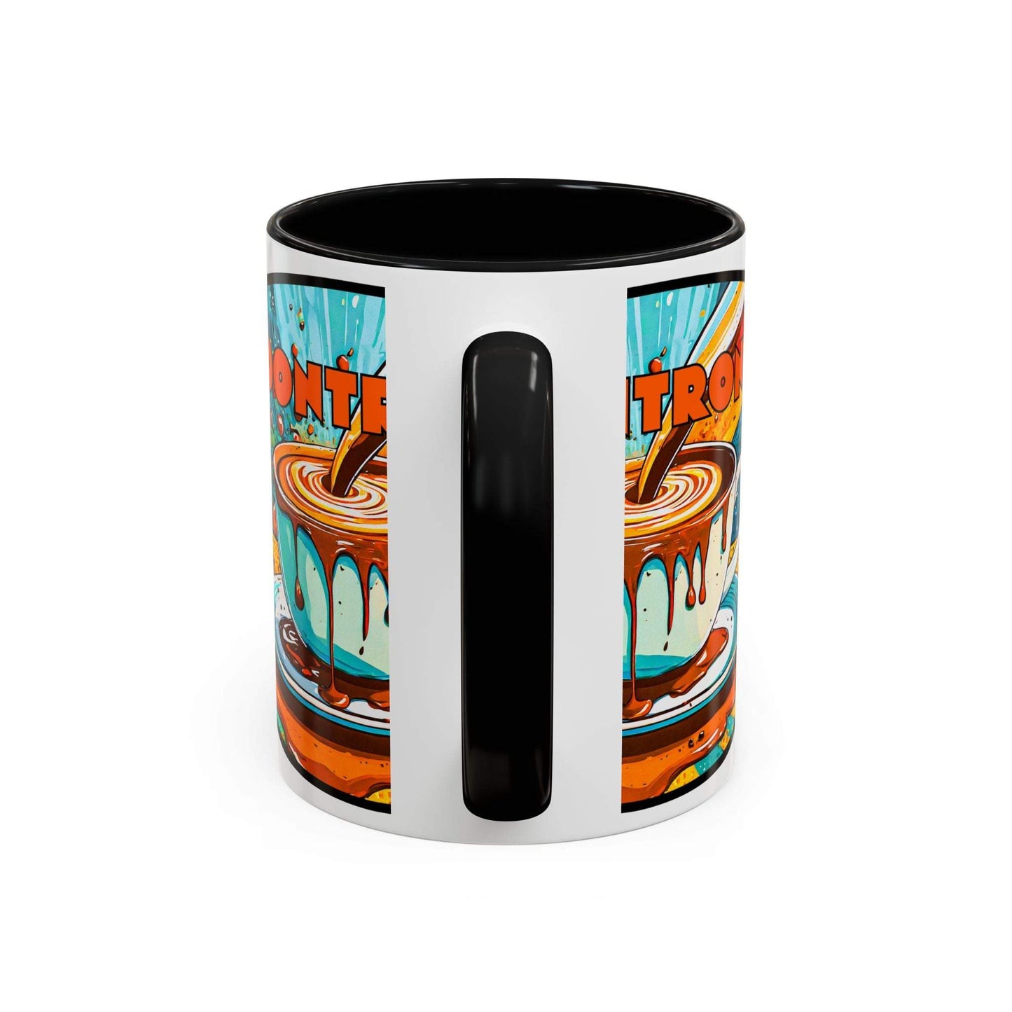 Vibrant coffee mug with colorful retro art design, durable ceramic.