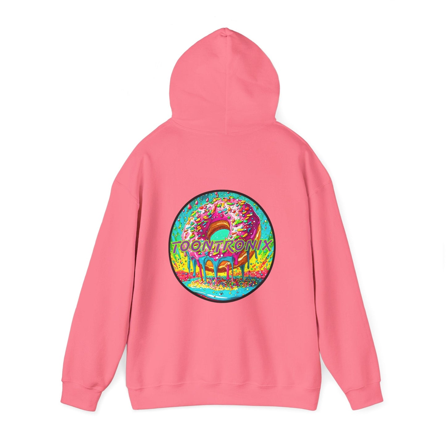 Unisex pink hoodie featuring a vibrant Toontronix Donut design on the back, with adjustable hood and kangaroo pocket.