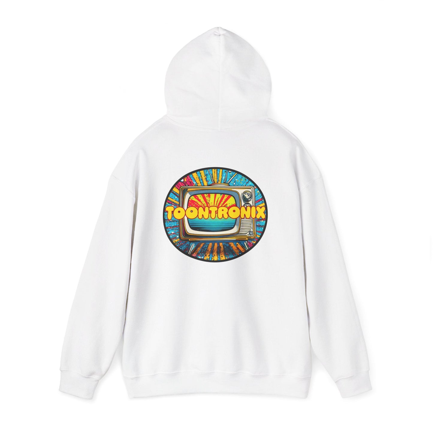 Unisex Toontronix TV Hoodie with vibrant logo, adjustable drawstring, and kangaroo pocket for comfort and style.