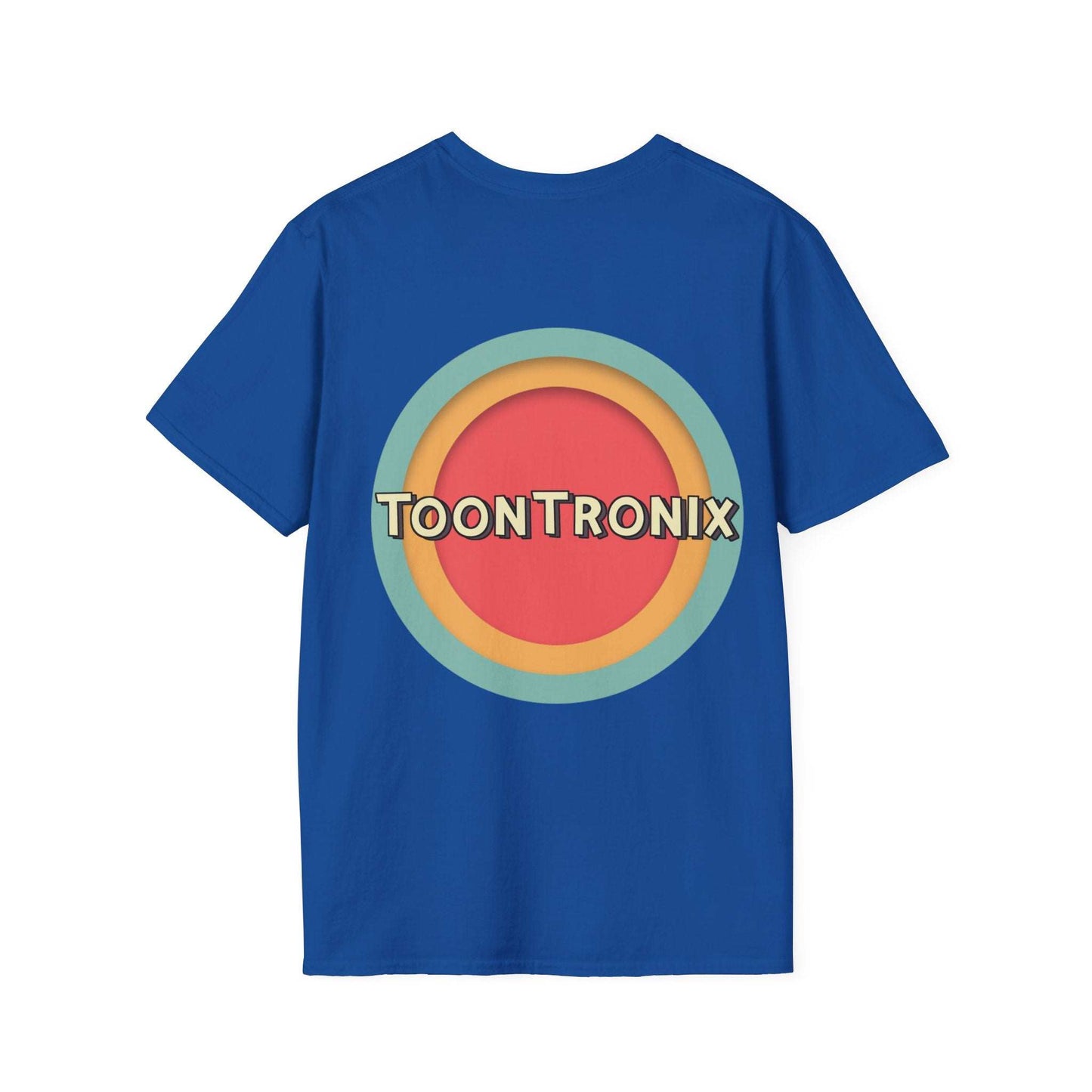 Toontronix Toons Logo Tee with ribbed collar and colorful logo design on blue fabric.