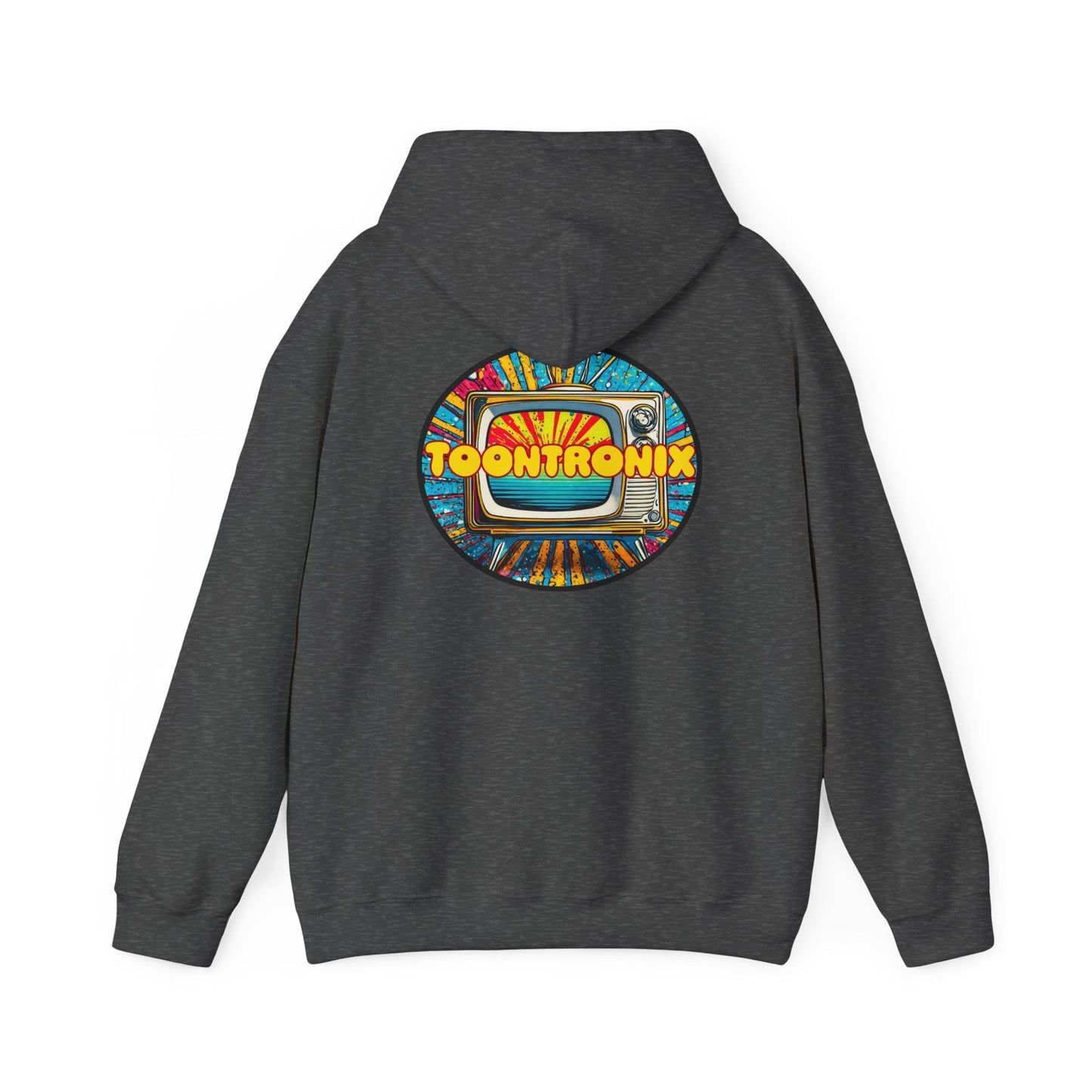 Unisex Toontronix Donut Hoodie with colorful TV design on back, heavy blend sweatshirt featuring kangaroo pocket and adjustable hood.