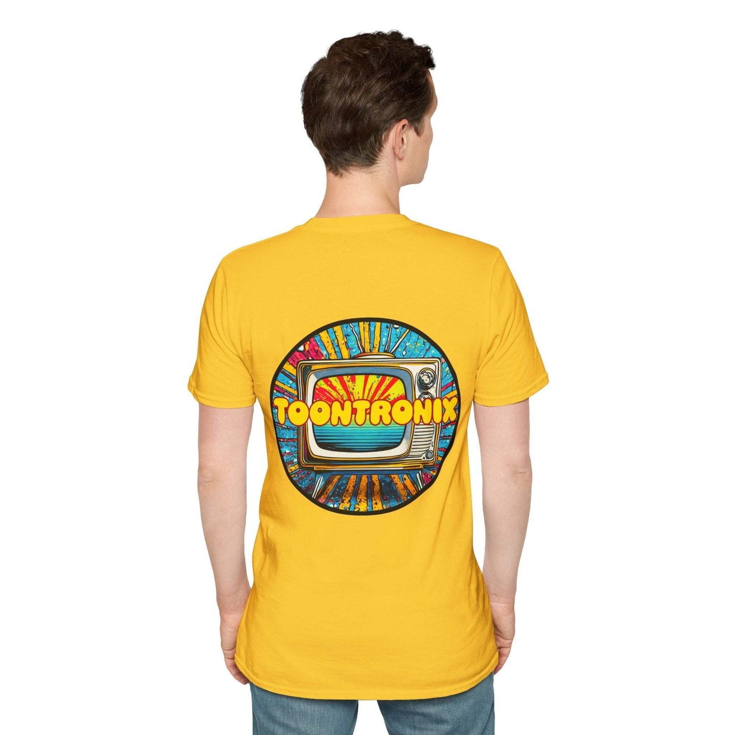 Unisex Toontronix Tv Tee featuring colorful animated design, classic fit, ribbed collar, 100% cotton.