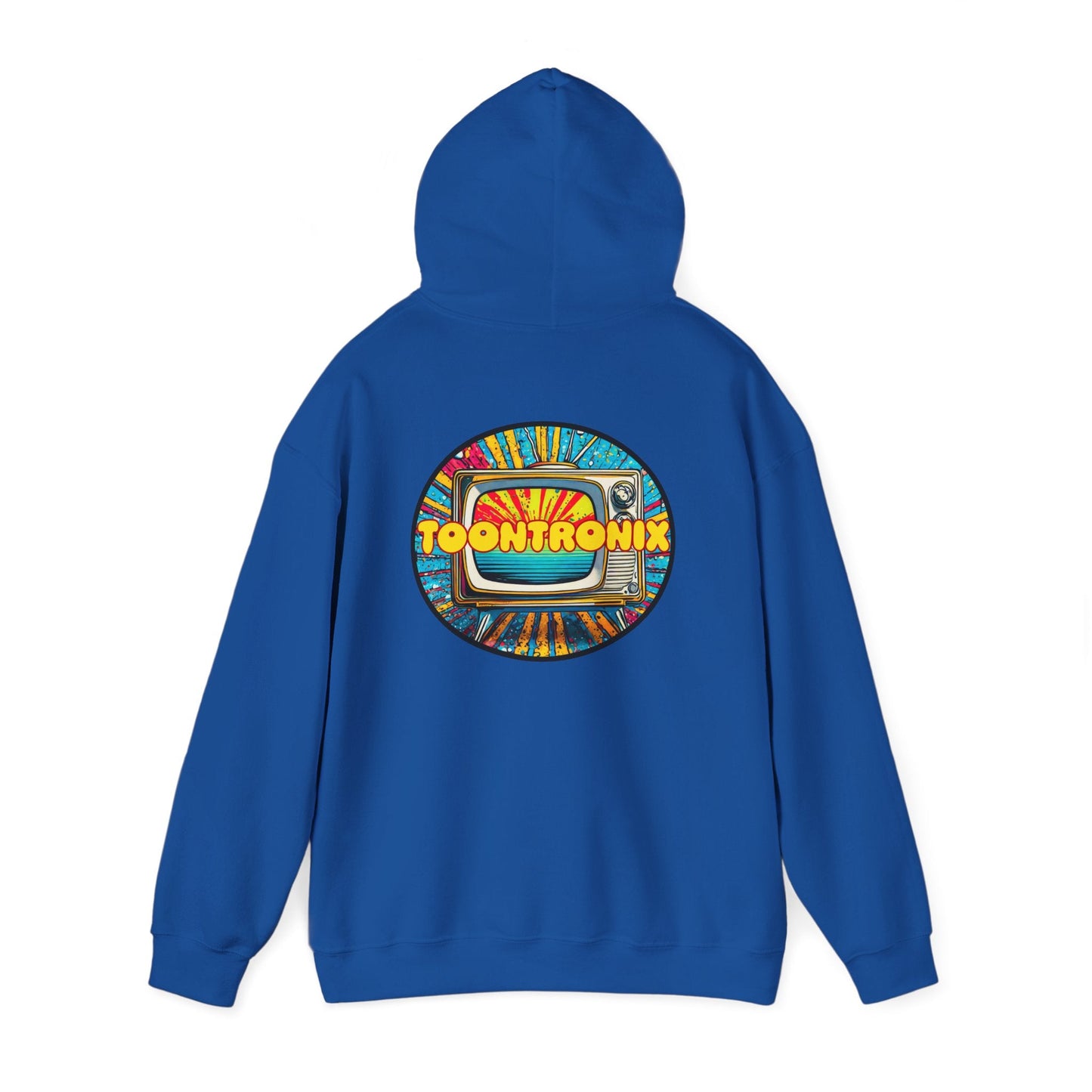 Toontronix TV Hoodie in blue with vibrant back print, unisex heavy blend sweatshirt.