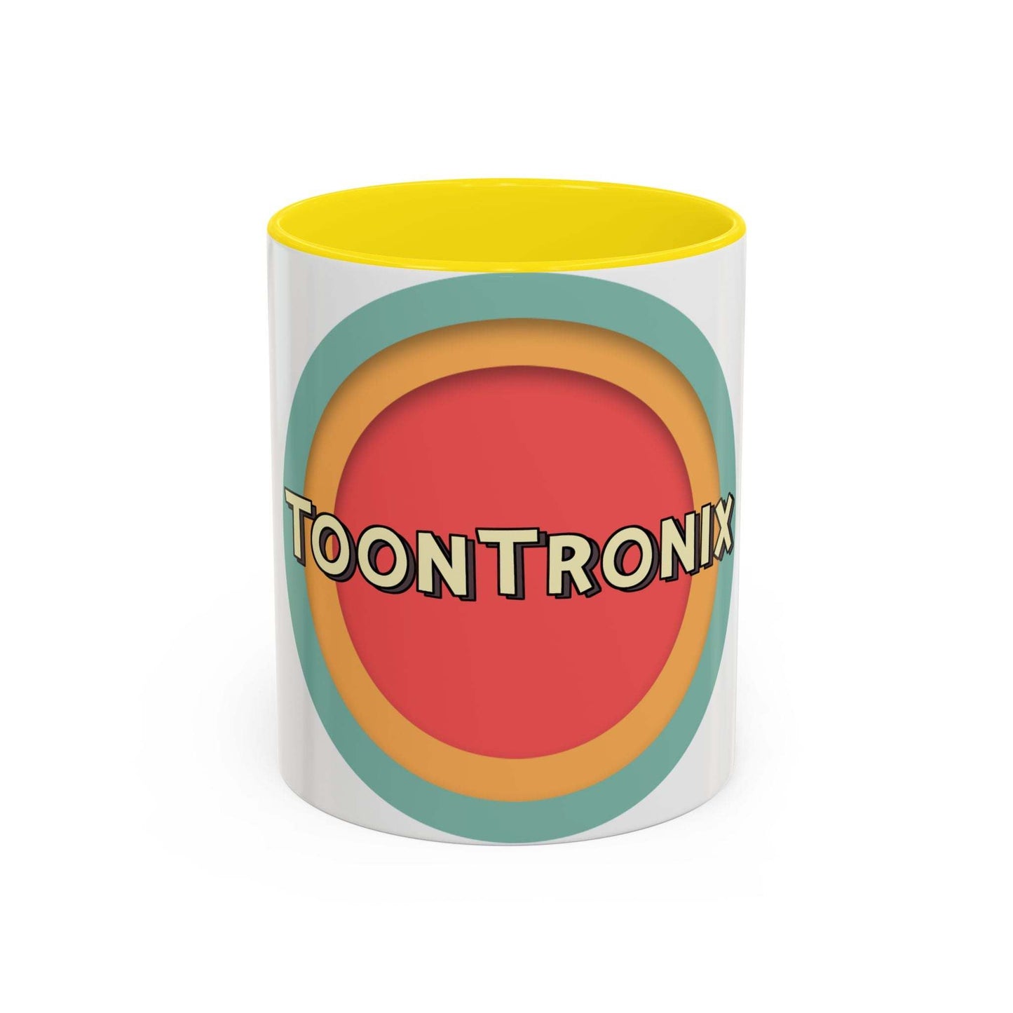 Toontronix Coffee Mug with vibrant interior and handle, durable white ceramic, stylish accent design.