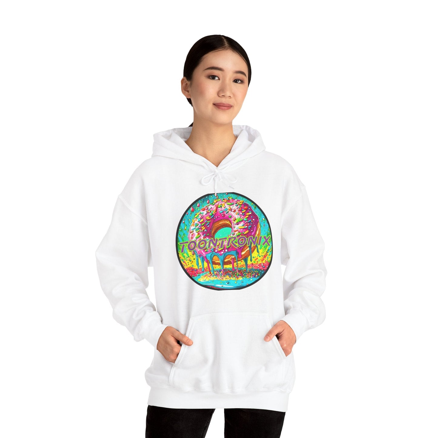 Unisex Toontronix Donut Hoodie with vibrant design, perfect for cozy casual wear.