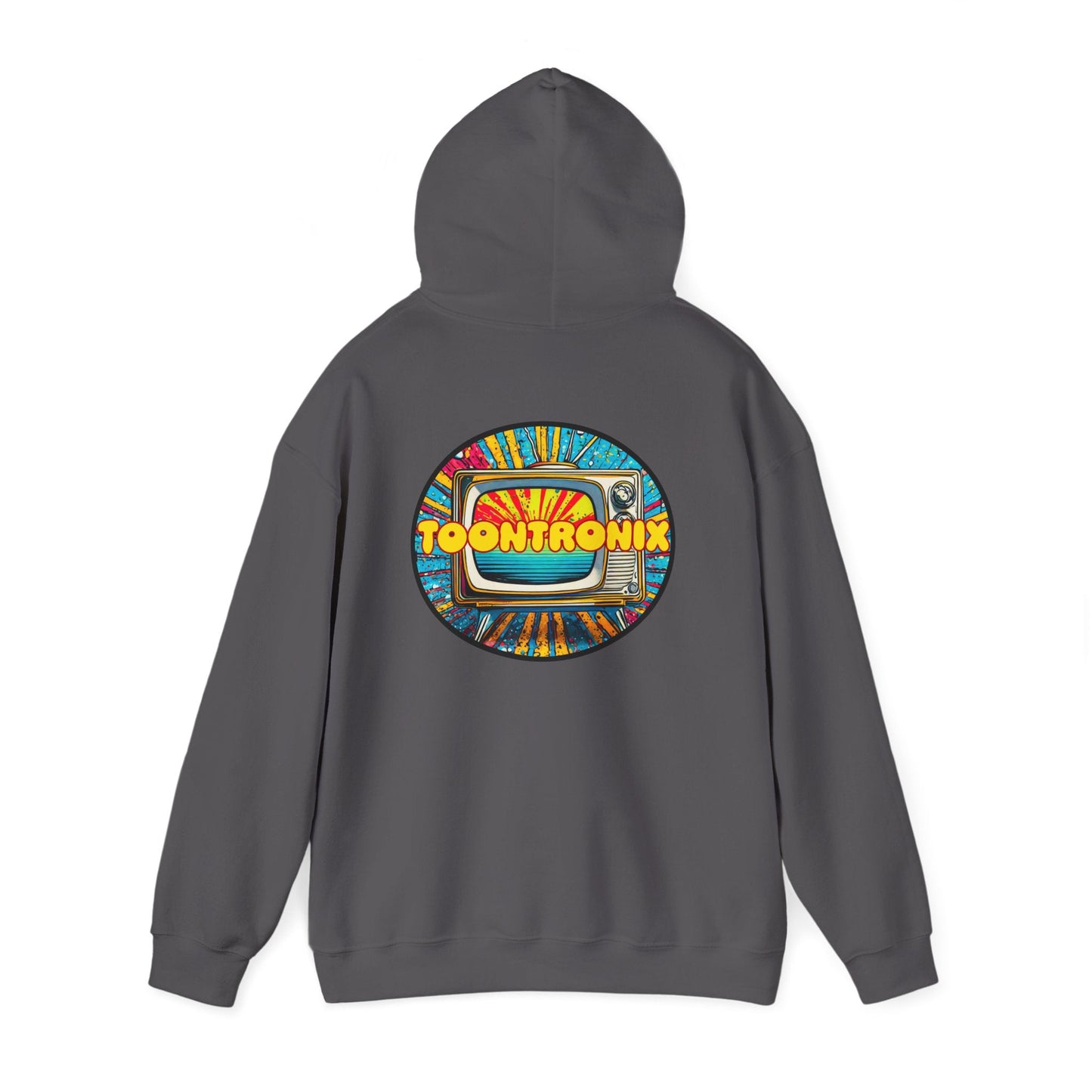 Toontronix Donut Hoodie - Unisex gray sweatshirt with graphic back design.