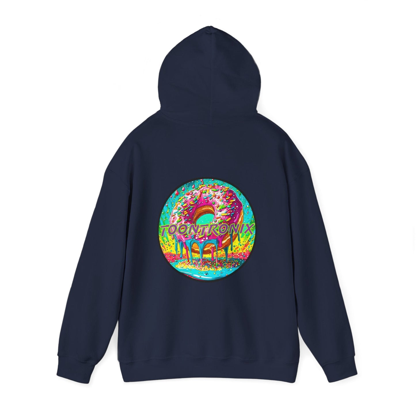 Toontronix Donut Hoodie, unisex heavy blend sweatshirt with colorful back graphic.