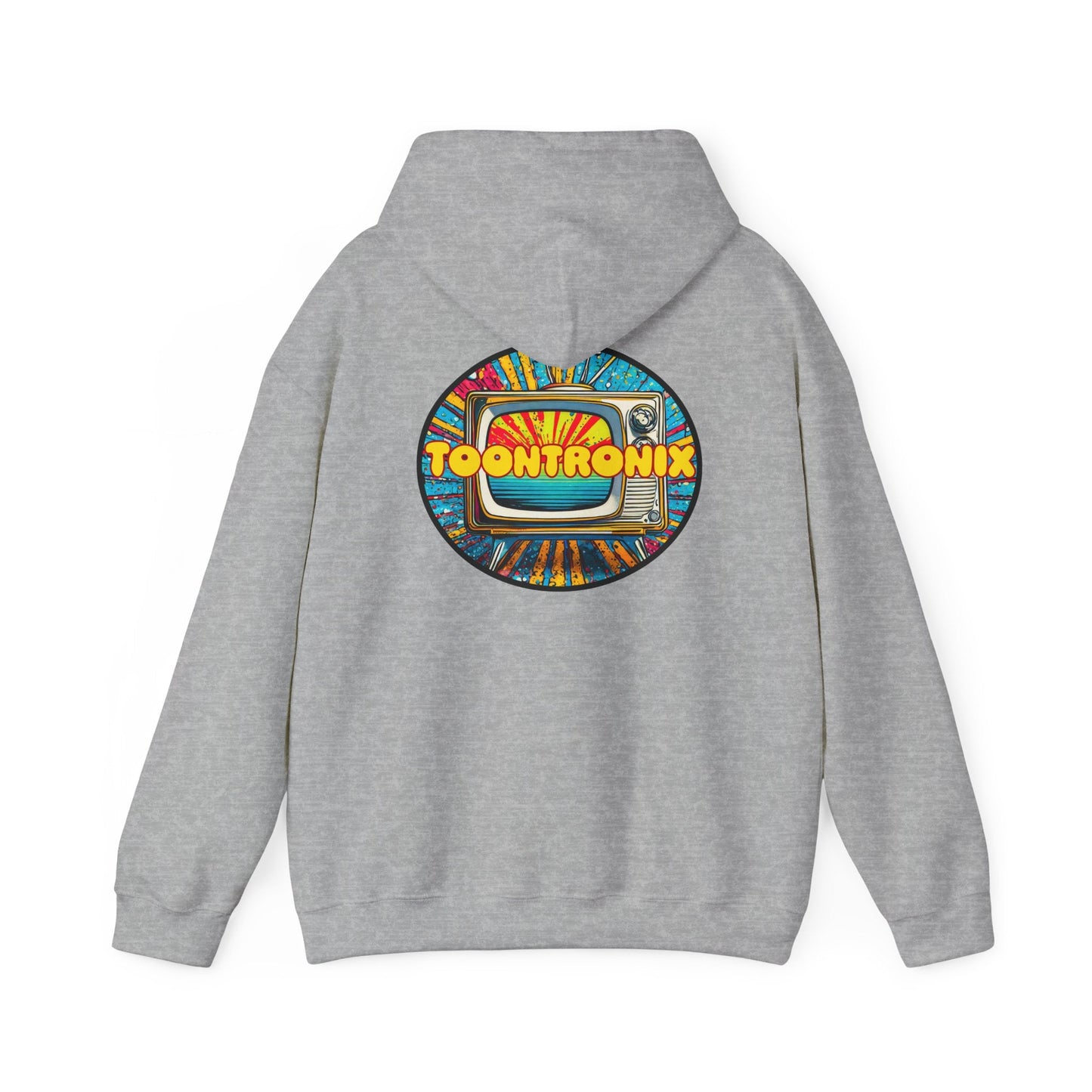 Unisex Toontronix Donut Hoodie with colorful TV graphic, spacious kangaroo pocket, and adjustable drawstring hood.