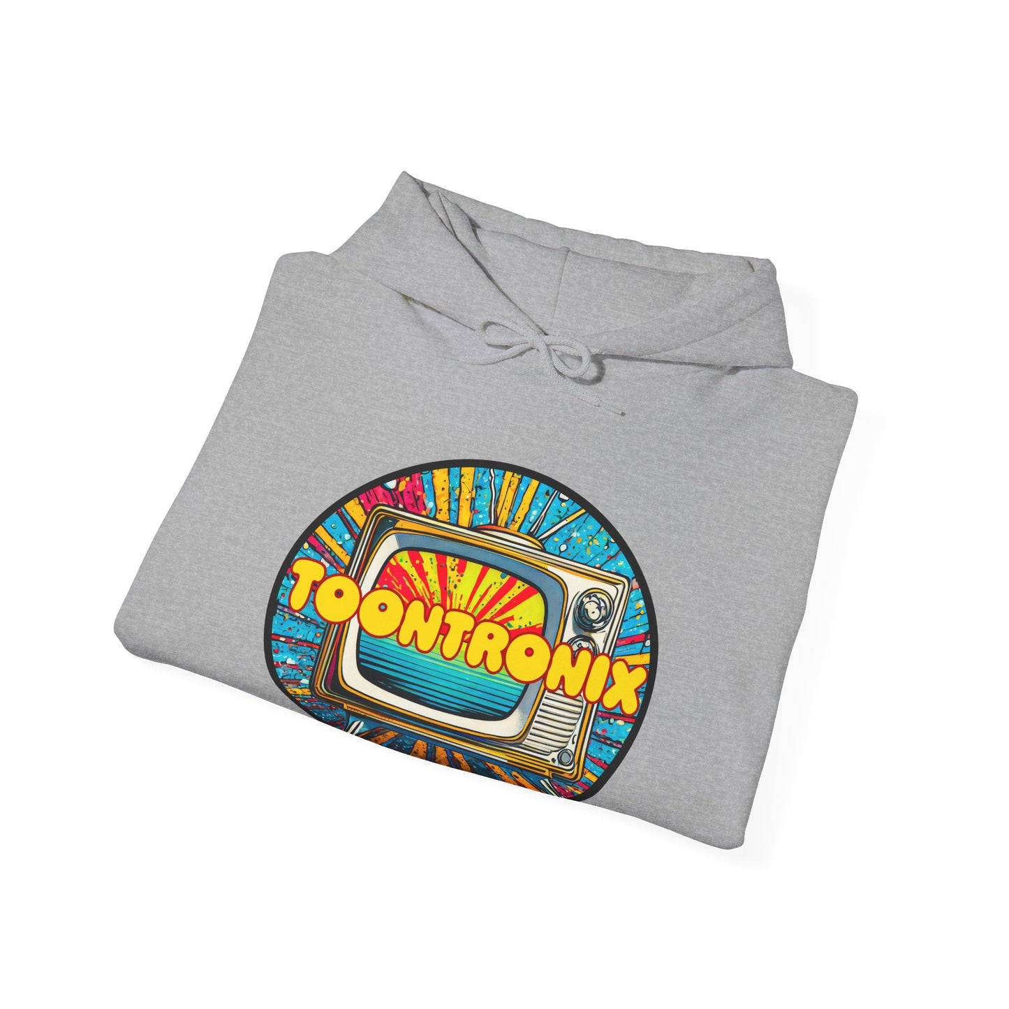 Unisex Toontronix TV Hoodie with colorful graphic, heavy blend, adjustable hood.