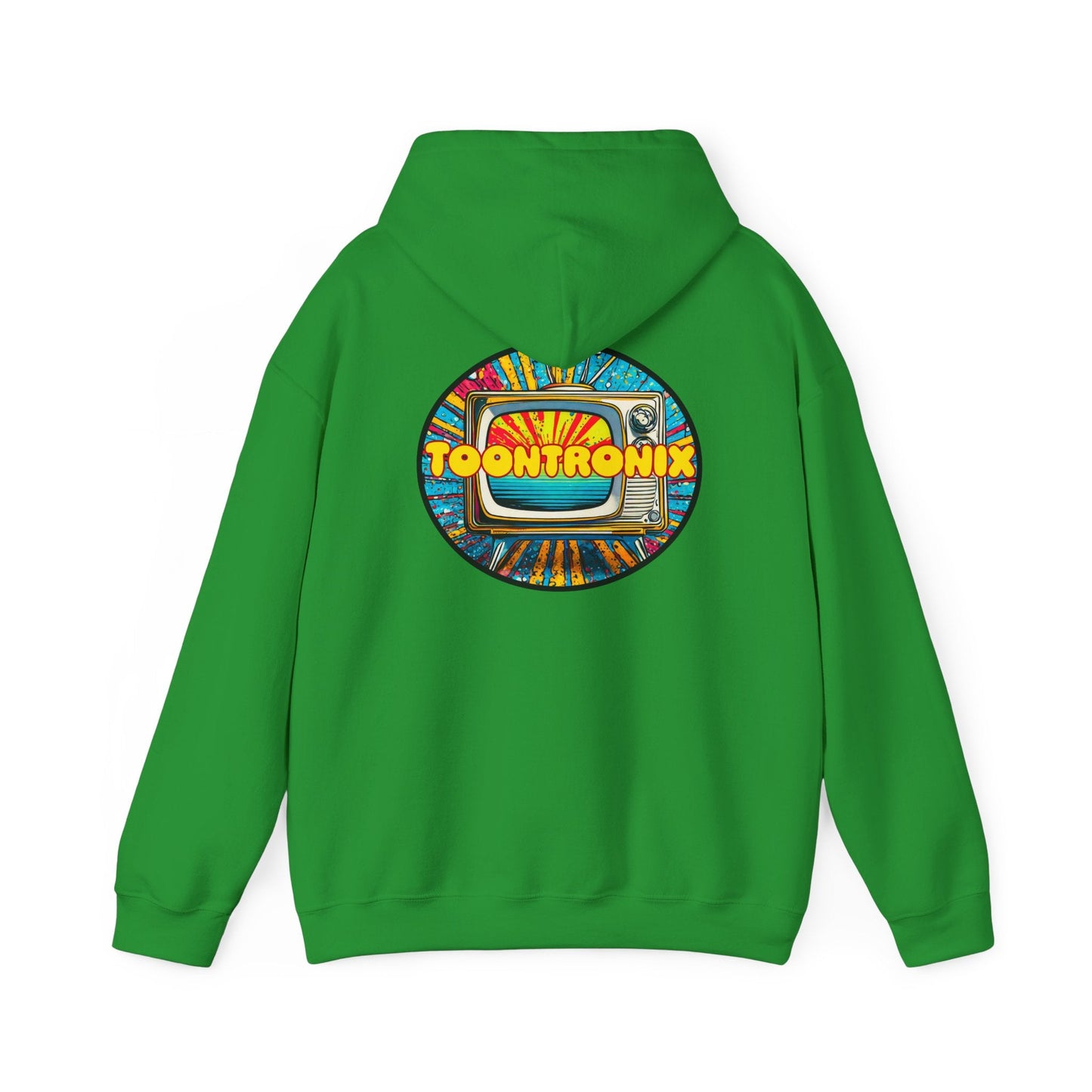 Unisex green hoodie with Toontronix TV graphic on the back, featuring a spacious kangaroo pocket and adjustable drawstring hood.