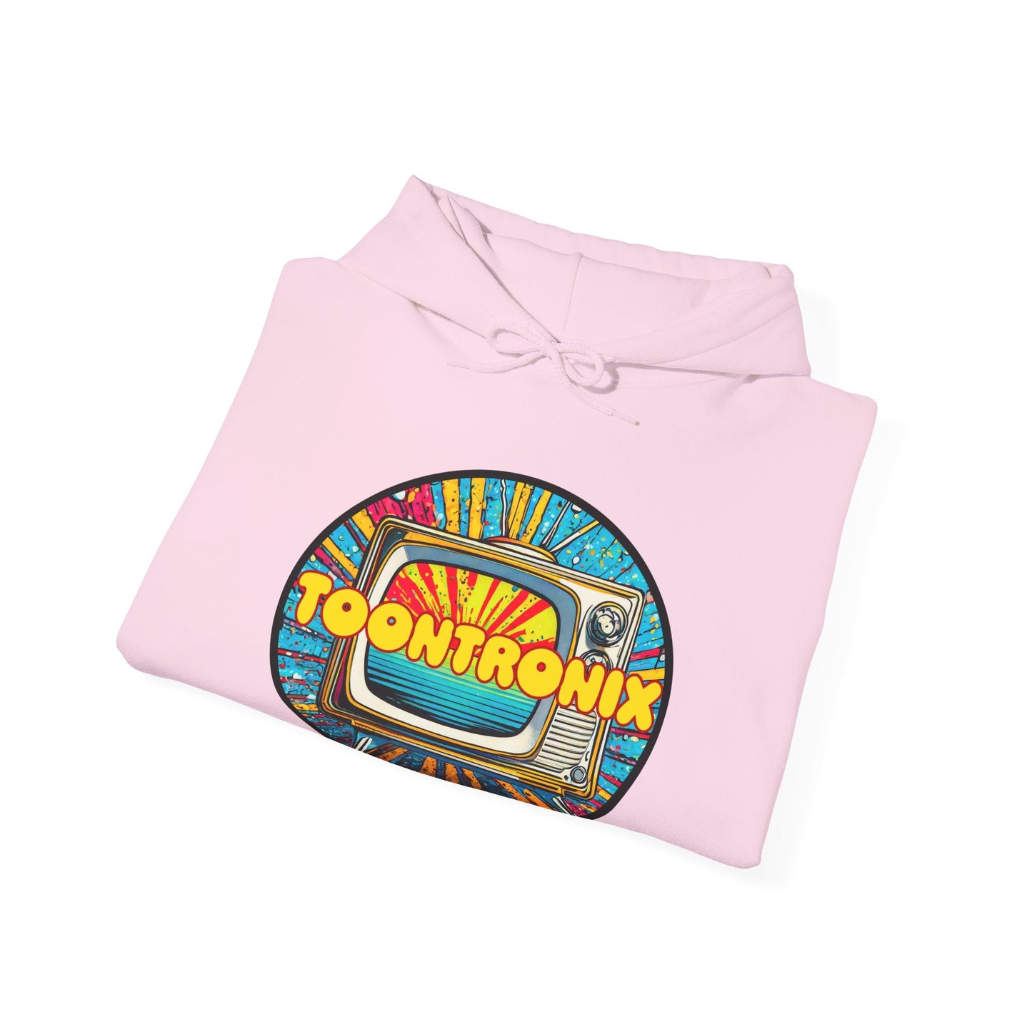 Toontronix TV Hoodie - Unisex Heavy Blend™ Sweatshirt with colorful retro TV design, cozy fit, and kangaroo pocket.