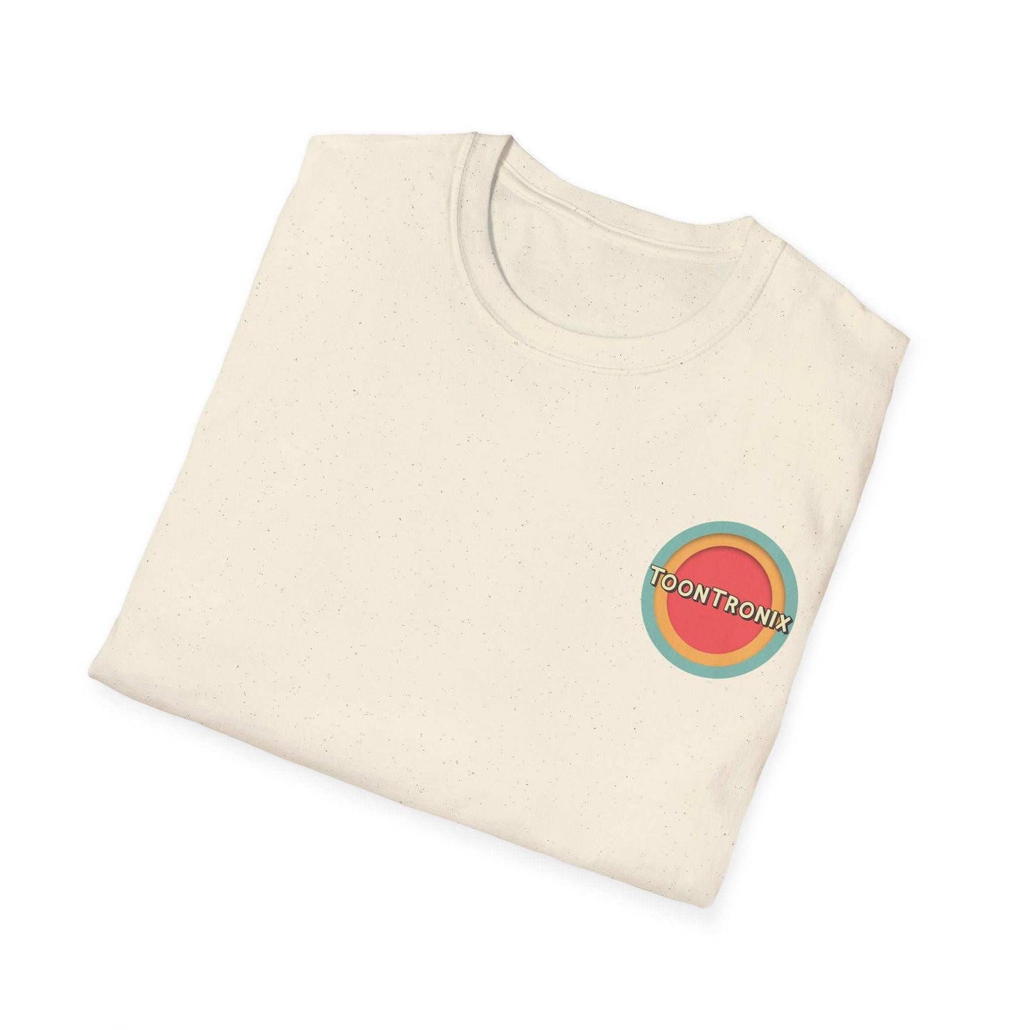 Toontronix Tv Tee Unisex Shirt with colorful logo and ribbed collar, folded neatly.