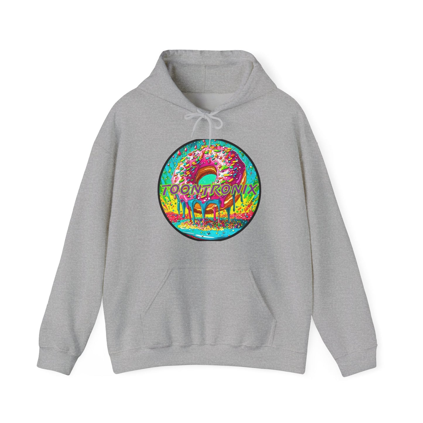 Unisex grey hoodie with a colorful Toontronix donut graphic on the front.