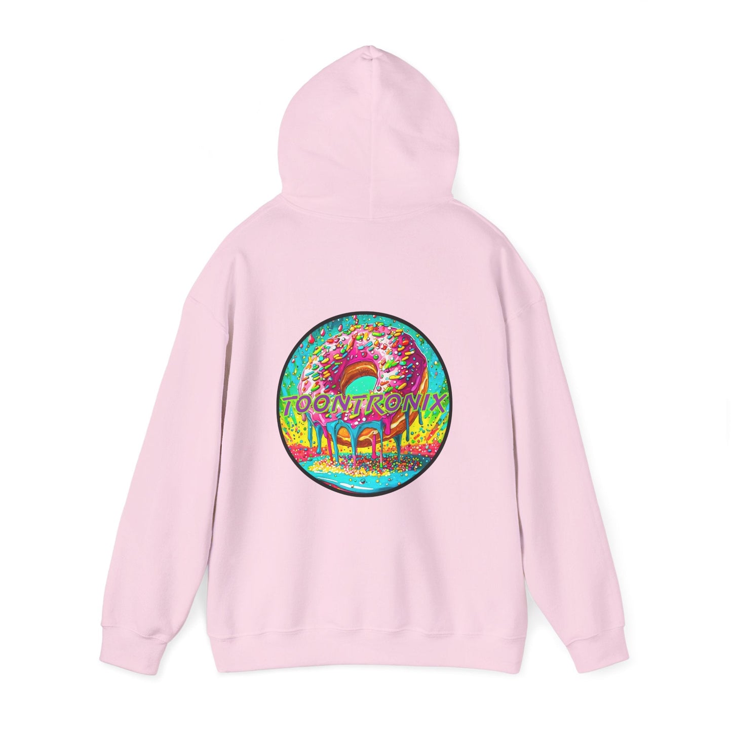 Toontronix Donut Hoodie - Unisex Heavy Blend Sweatshirt with vibrant back design.
