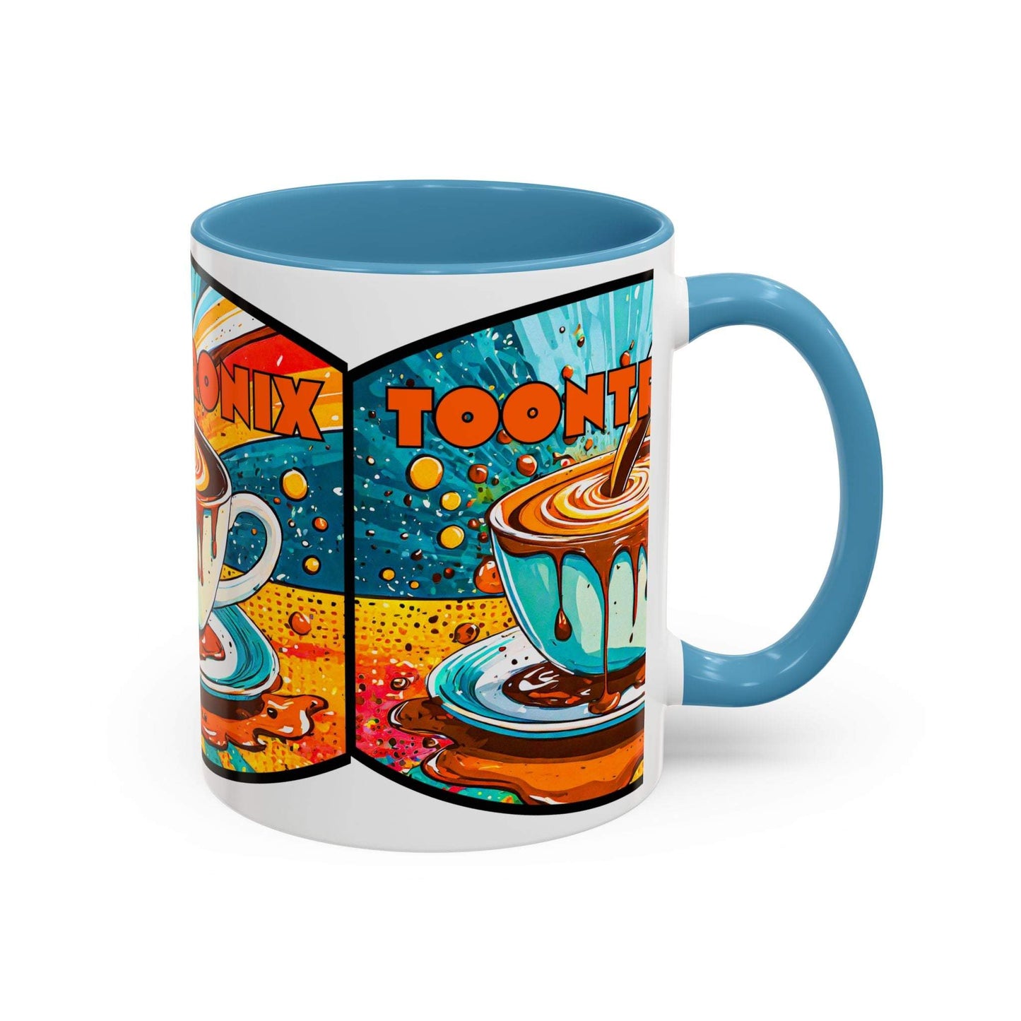Vibrant coffee mug with colorful retro art design, durable ceramic.