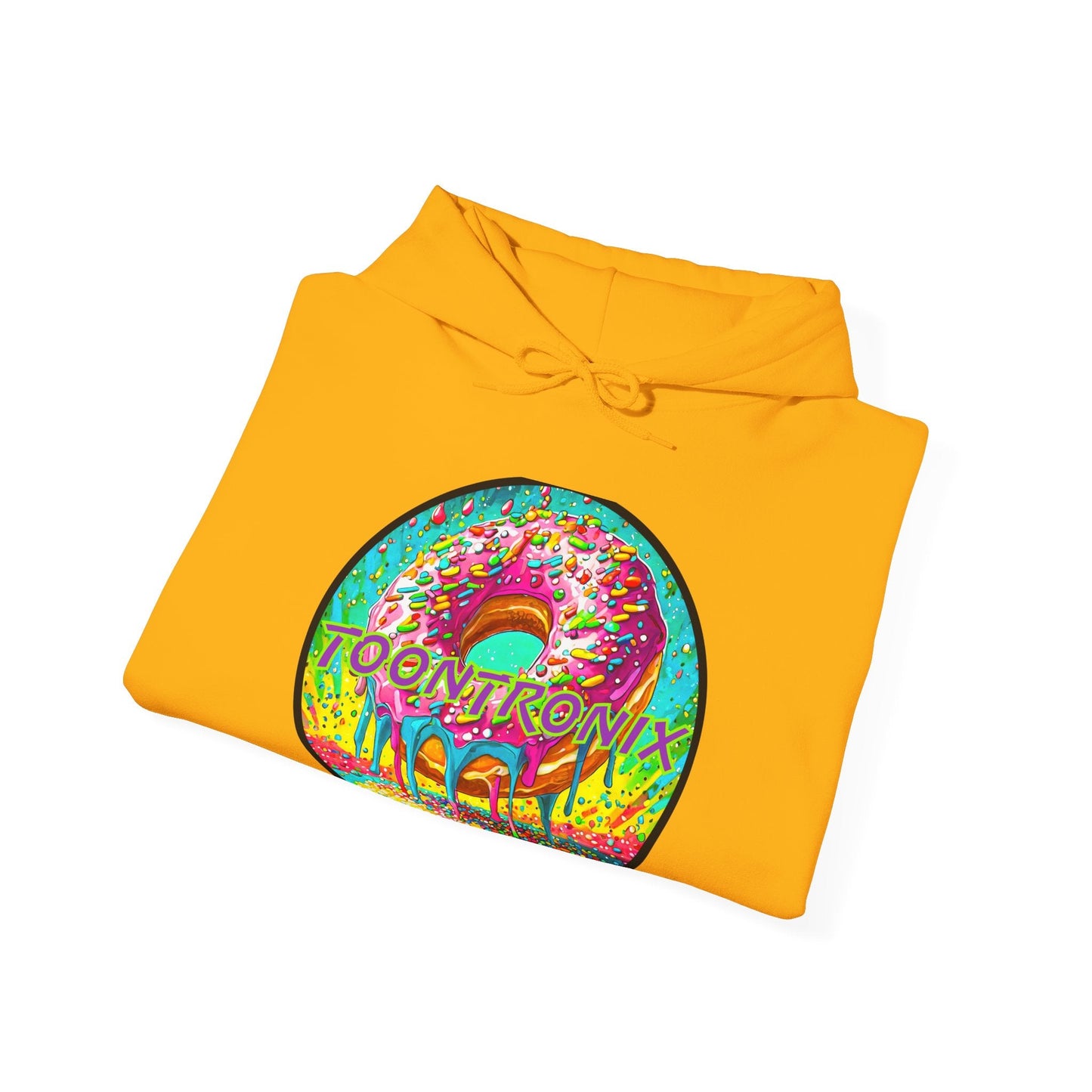Toontronix Donut Hoodie - Unisex Heavy Blend™ Sweatshirt with colorful design, soft fabric, and kangaroo pocket.