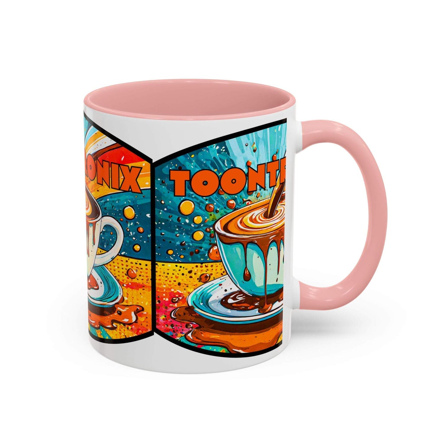 Vibrant coffee mug with colorful retro art design on ceramic, pink interior and handle.