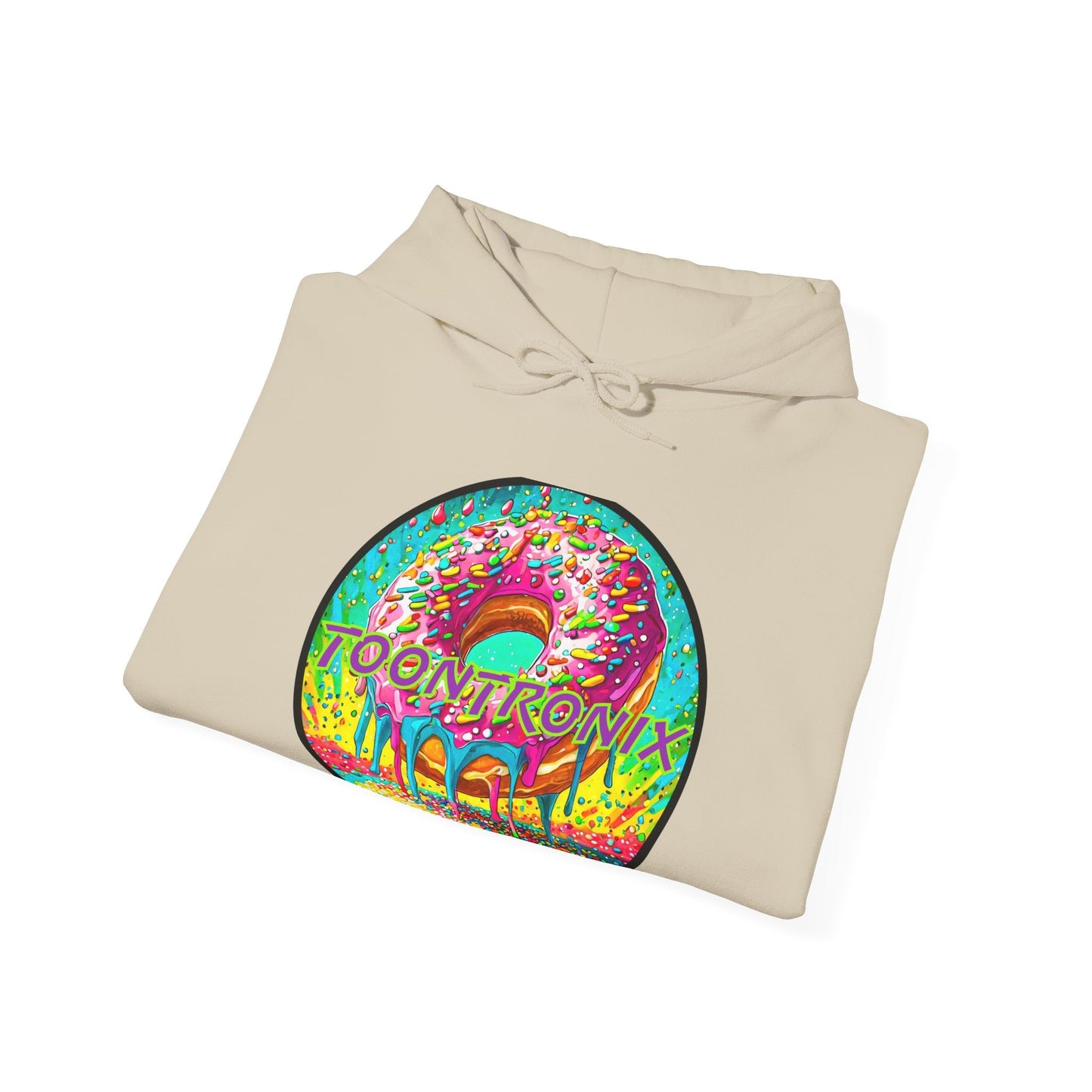Unisex Toontronix Donut Hoodie with colorful donut graphic design.