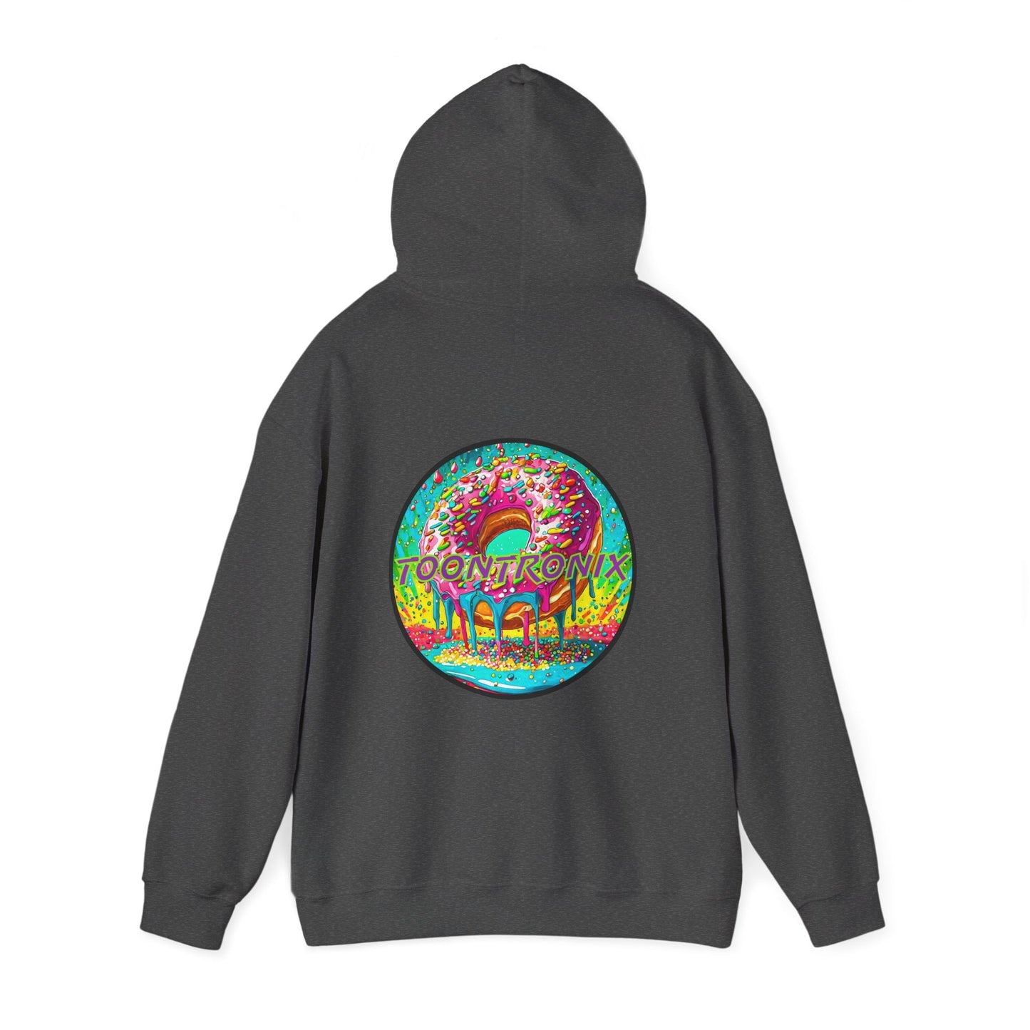 Toontronix Donut Hoodie - Unisex Heavy Blend Sweatshirt with vibrant back design.