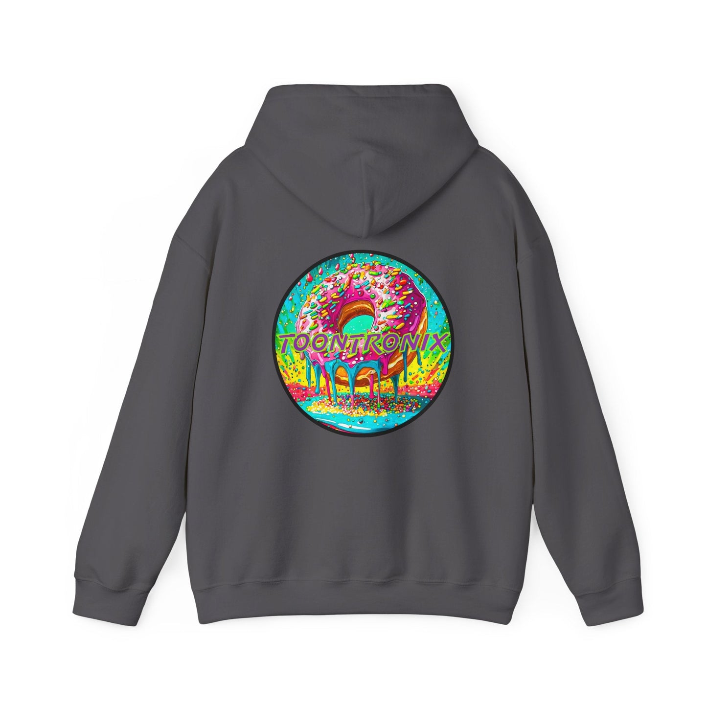 Unisex Toontronix Donut Hoodie with vibrant donut graphic on back, featuring soft fabric, adjustable drawstring hood, and kangaroo pocket.