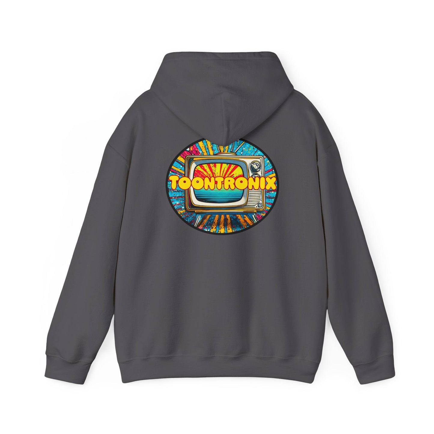 Toontronix TV Hoodie with colorful graphic design on back, unisex heavy blend sweatshirt.