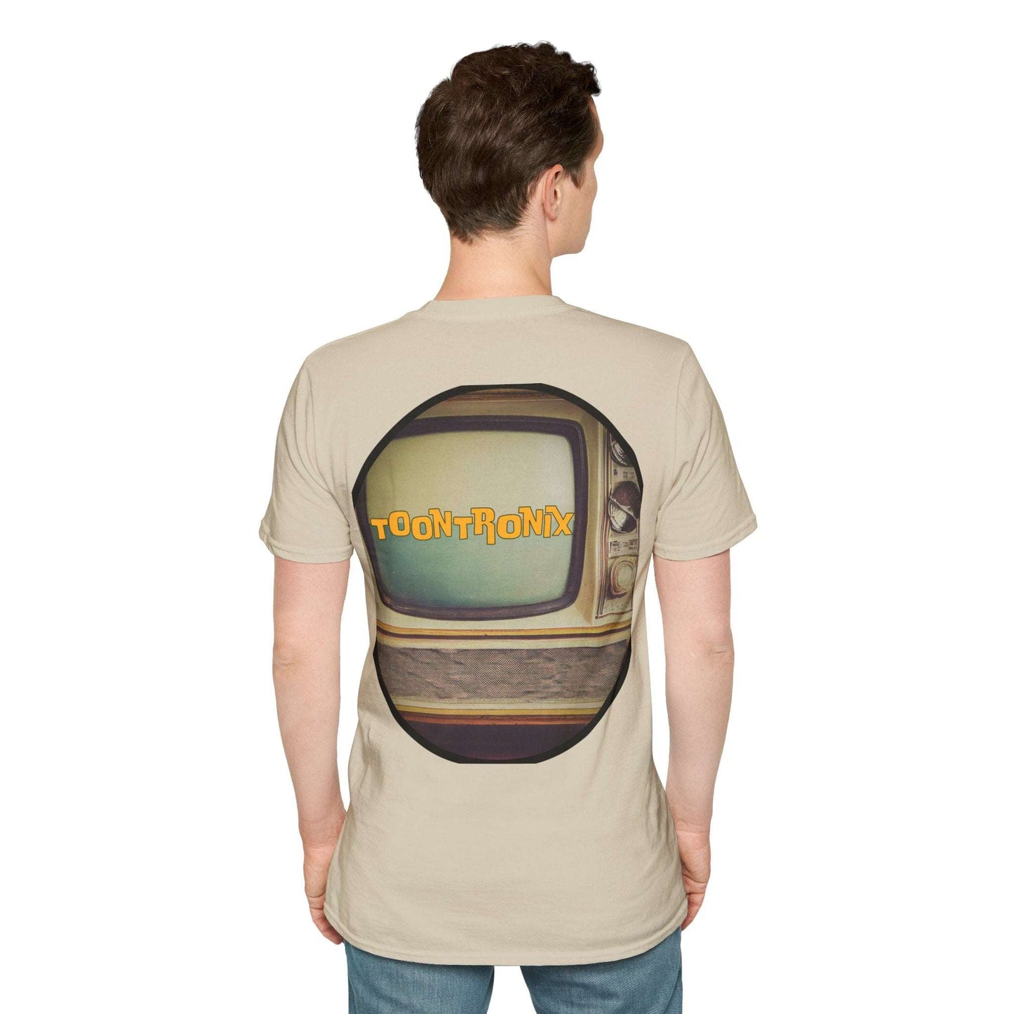 Toontronix Atomic Tv Tee with vintage cartoon design on back, ideal for retro art enthusiasts.