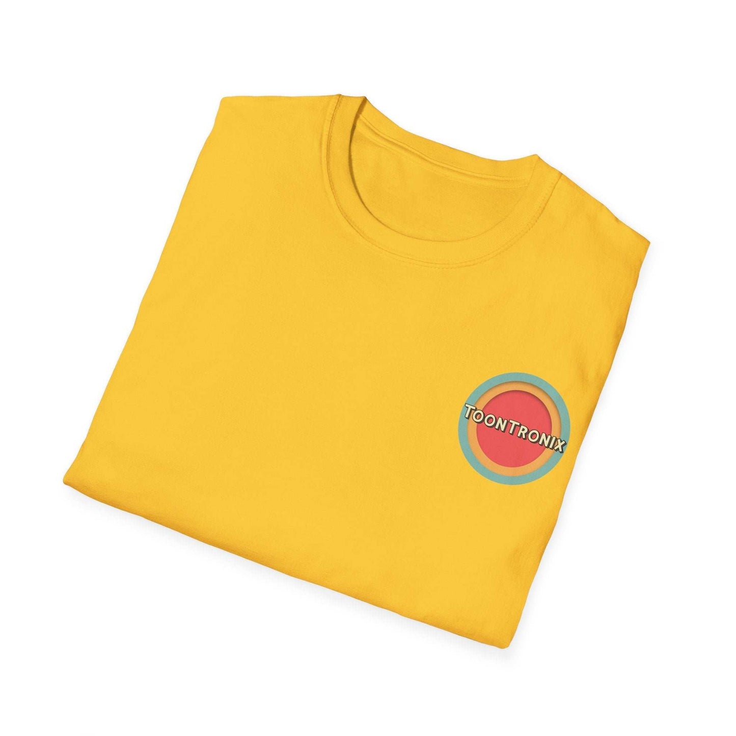Yellow Toontronix Donut Tee with logo, featuring ribbed collar and classic fit.