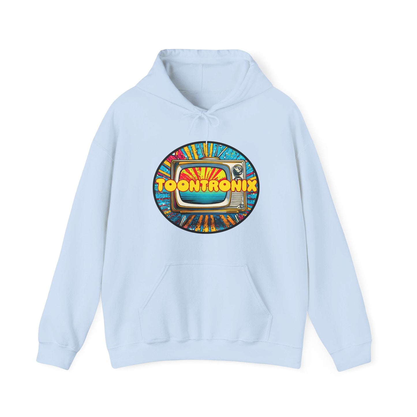 Toontronix TV Hoodie - Unisex Heavy Blend™ Sweatshirt with colorful TV graphic, featuring a kangaroo pocket and adjustable hood for cozy style.