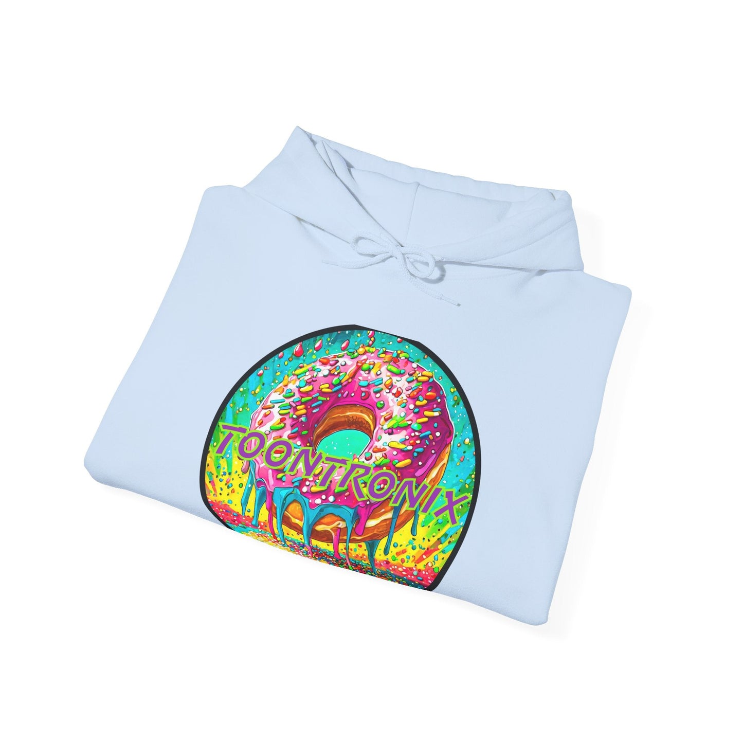 Unisex Toontronix Donut Hoodie with vibrant design, classic fit, and adjustable drawstring.