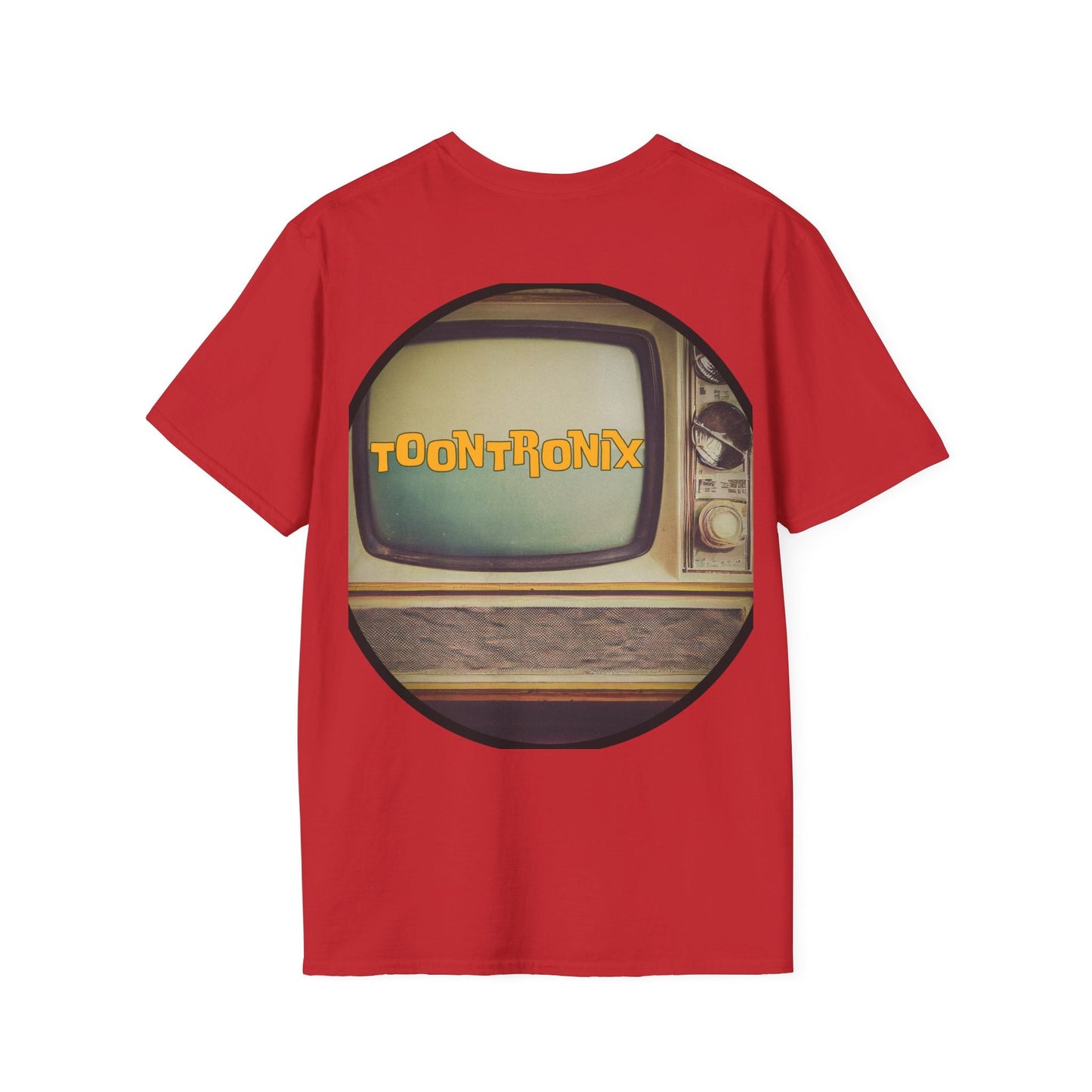 Toontronix Atomic Tv Tee with vintage cartoon design on red fabric.