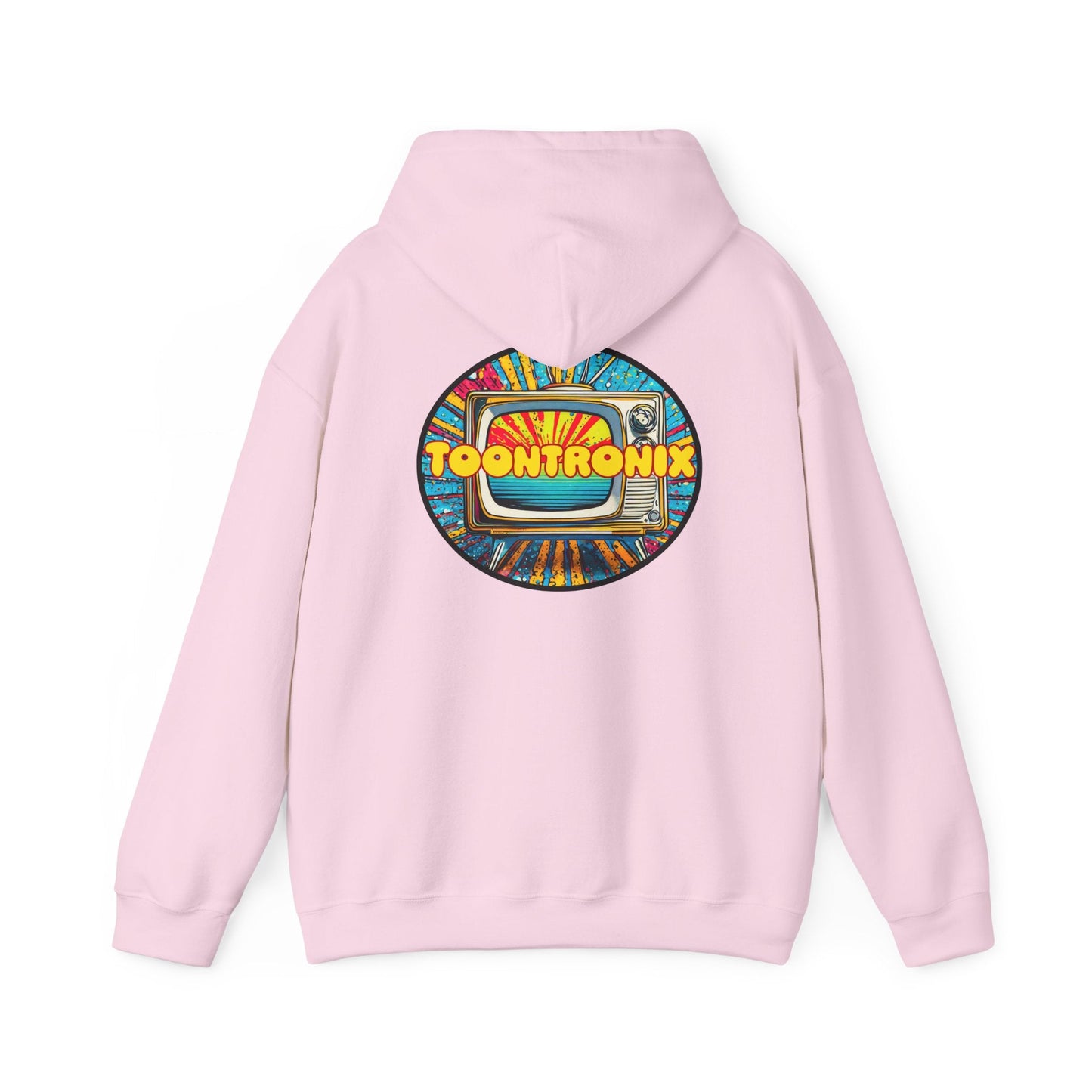 Unisex heavy blend Toontronix TV hoodie with graphic print on back.