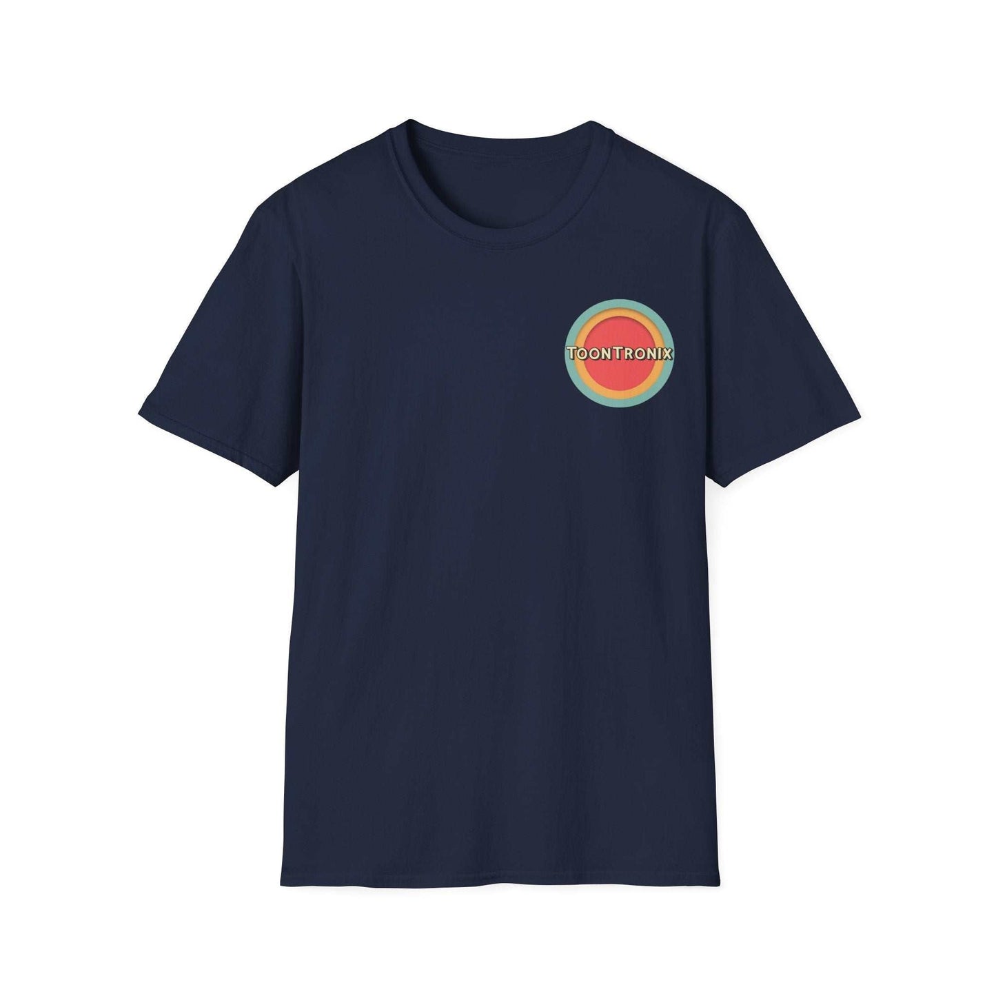Toontronix Toons Logo Tee with ribbed collar, classic fit, 100% cotton, navy color.
