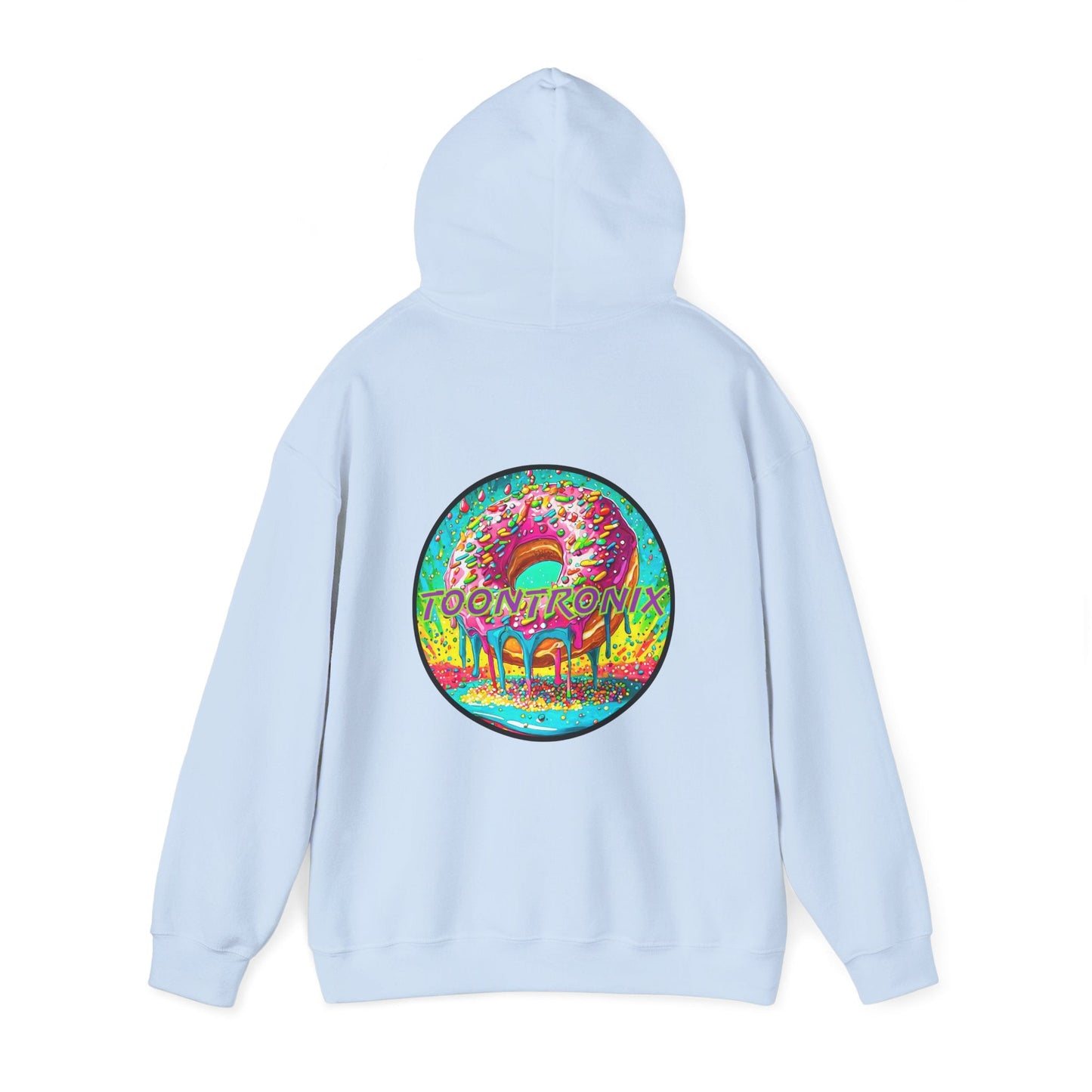 Toontronix Donut Hoodie, unisex heavy blend sweatshirt with vibrant donut graphic on back.
