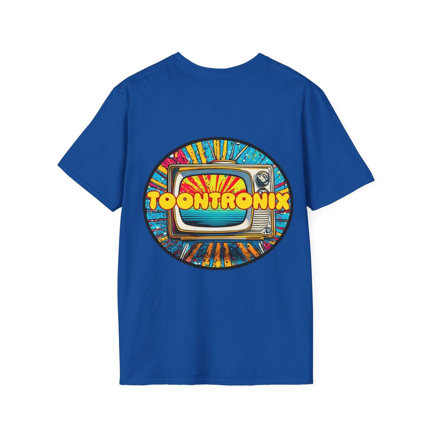 Blue Toontronix Tv Tee with colorful TV graphic and Toontronix logo, classic fit, unisex t-shirt.