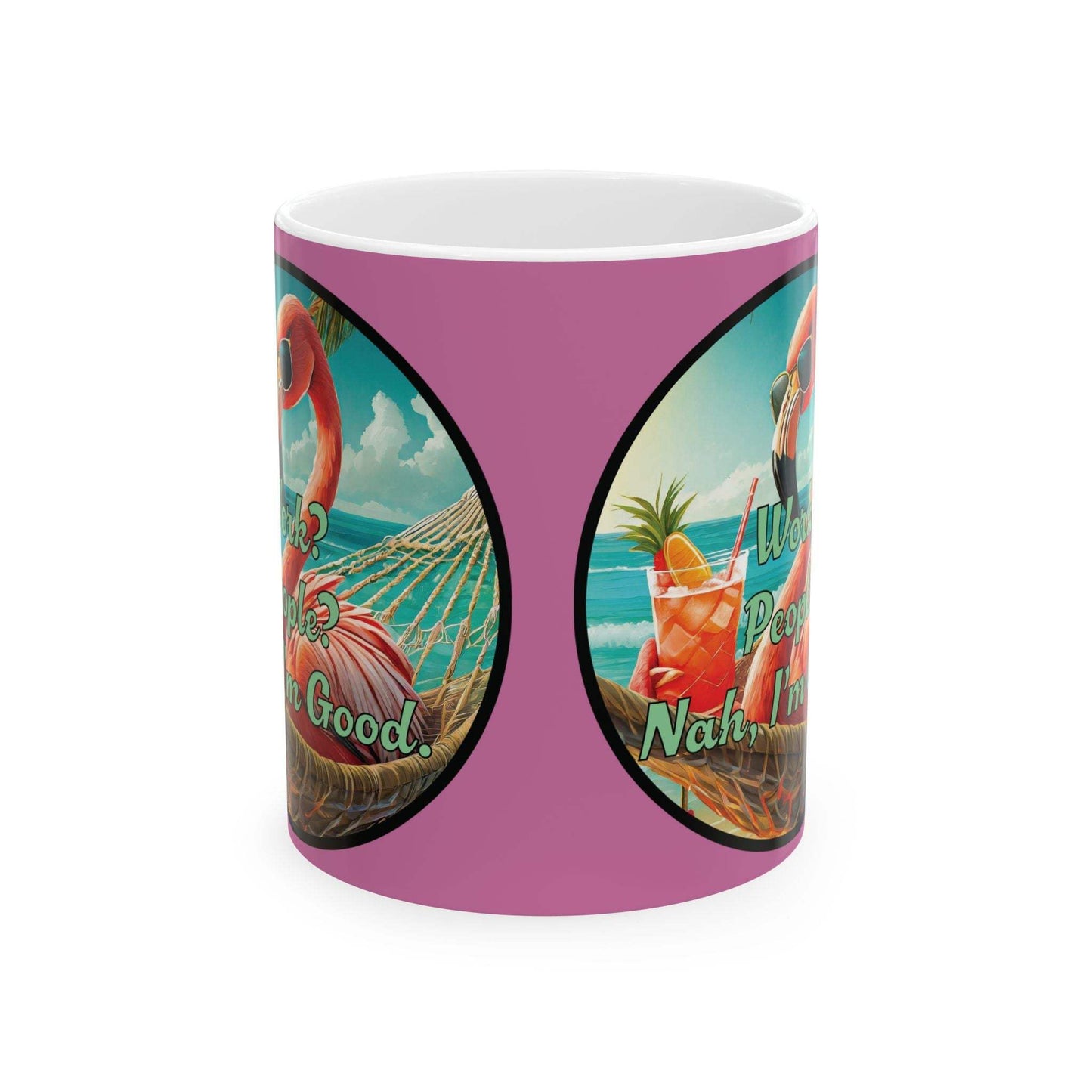 Tropical Flamingo Mug with colorful beach design, perfect for summer vibes and coffee lovers.