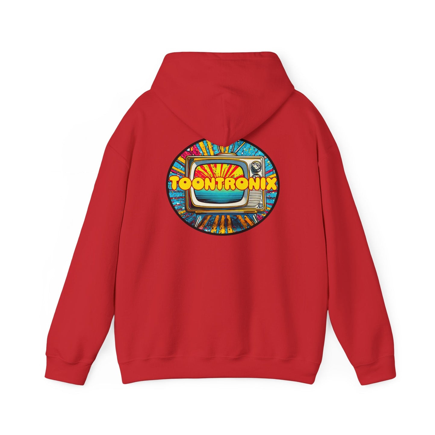 Unisex red hoodie with Toontronix TV design on the back.