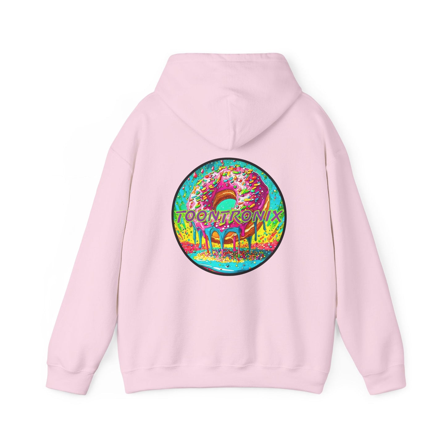 Unisex Toontronix Donut Hoodie with vibrant donut graphic, spacious kangaroo pocket, and adjustable hood.