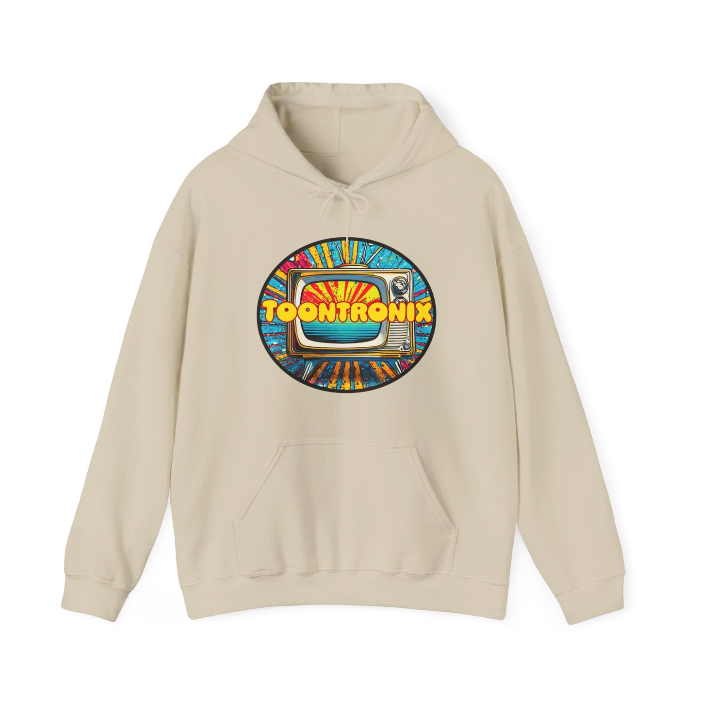 Unisex Toontronix TV Hoodie with colorful graphic, kangaroo pocket, and adjustable hood.