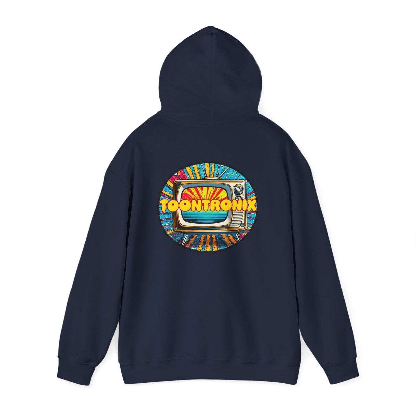 Unisex Toontronix TV Hoodie with vibrant DTF print, navy color, cozy kangaroo pocket, ideal for casual outings.