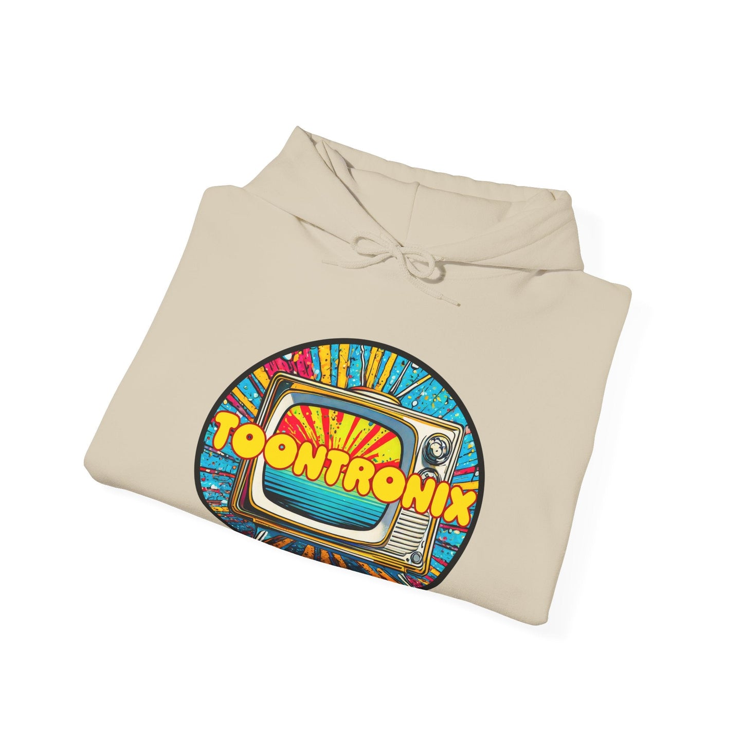 Toontronix TV Hoodie - Unisex Heavy Blend Sweatshirt featuring colorful retro TV graphic design.