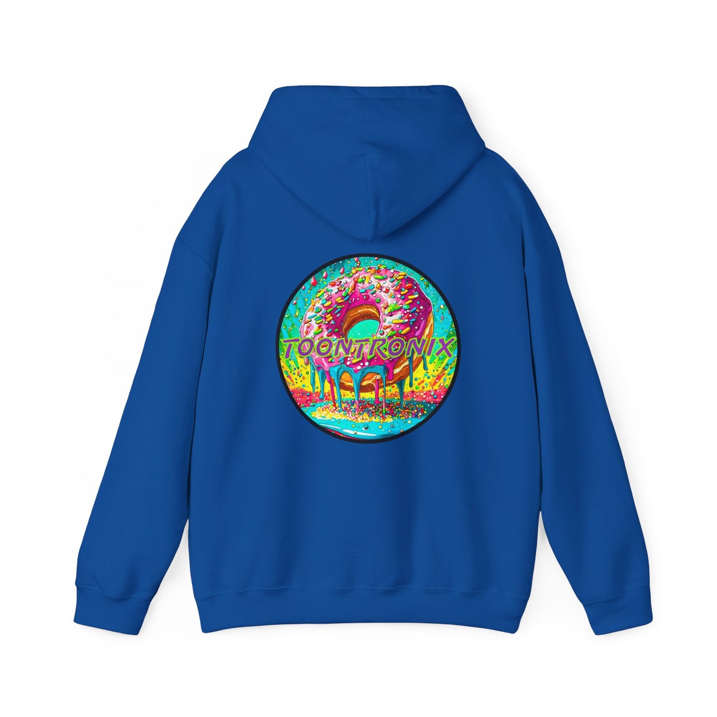 Toontronix Donut Hoodie in blue with colorful donut graphic on back. Unisex Heavy Blend™ sweatshirt featuring kangaroo pocket and adjustable hood.
