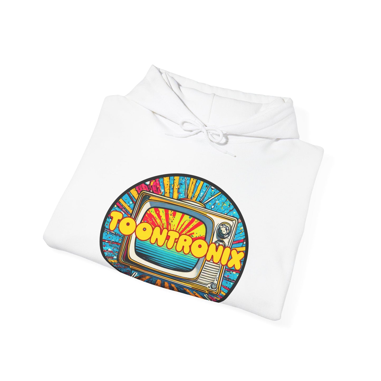 Toontronix Donut Hoodie with colorful retro TV graphic design.