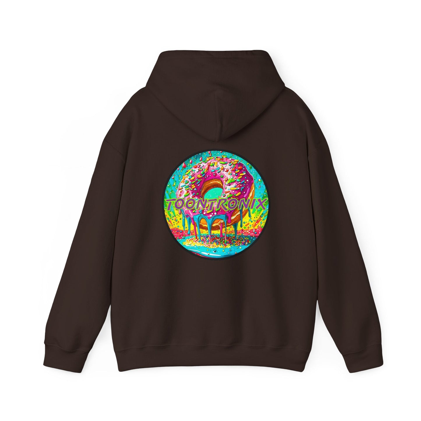 Unisex Toontronix Donut Hoodie with colorful donut graphic on back, cozy blend fabric with kangaroo pocket and adjustable hood.