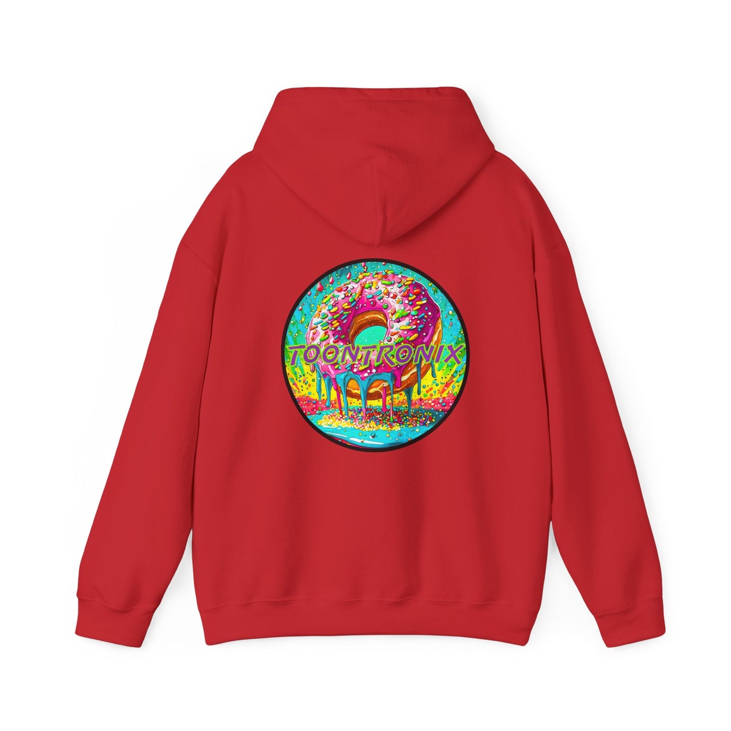 Unisex Toontronix Donut Hoodie in red with vibrant donut graphic on the back.