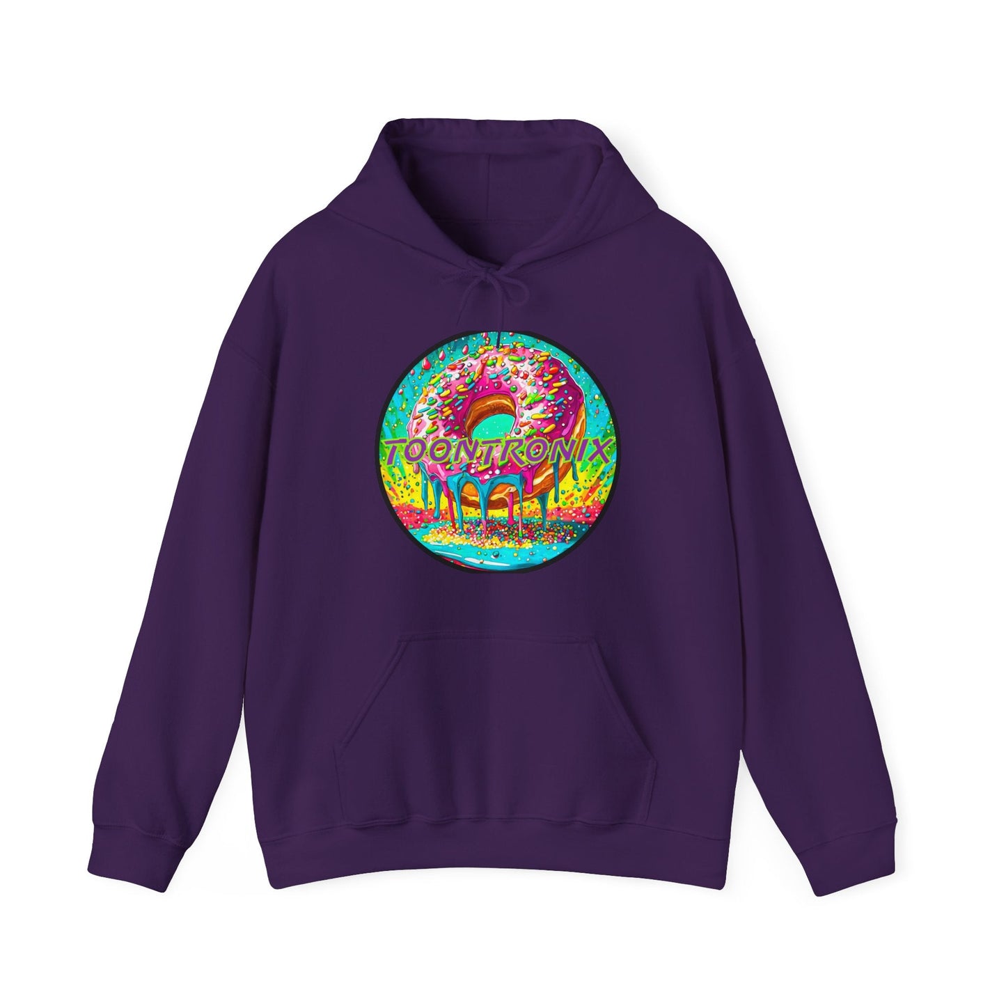 Toontronix Donut Hoodie in purple with colorful donut graphic, unisex heavy blend sweatshirt, featuring kangaroo pocket and drawstring hood.