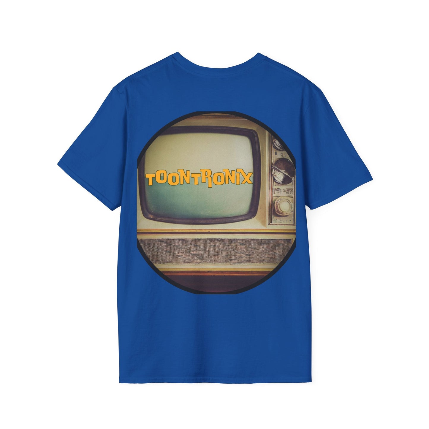 Blue Toontronix Atomic Tv Tee with vintage cartoon design and classic fit.