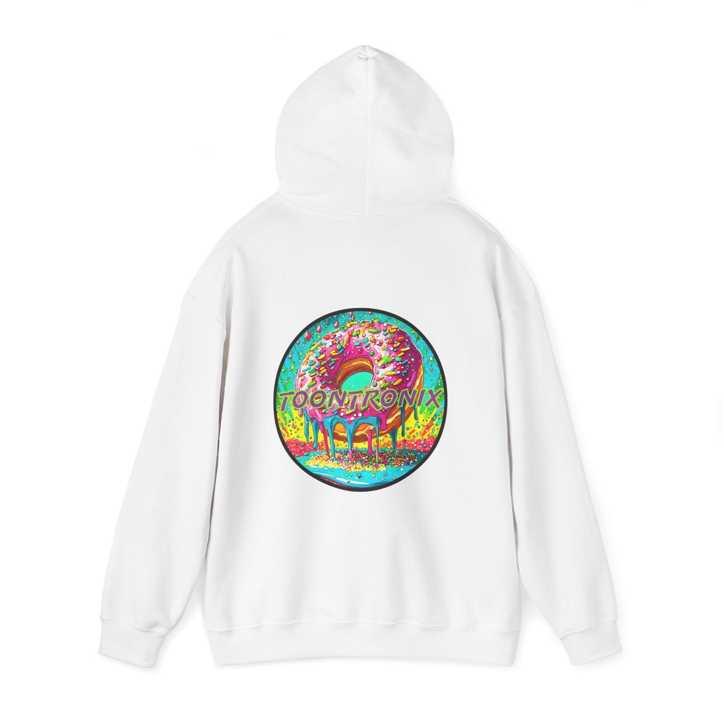 Toontronix Donut Hoodie with vibrant design, unisex heavy blend sweatshirt, cozy and stylish.